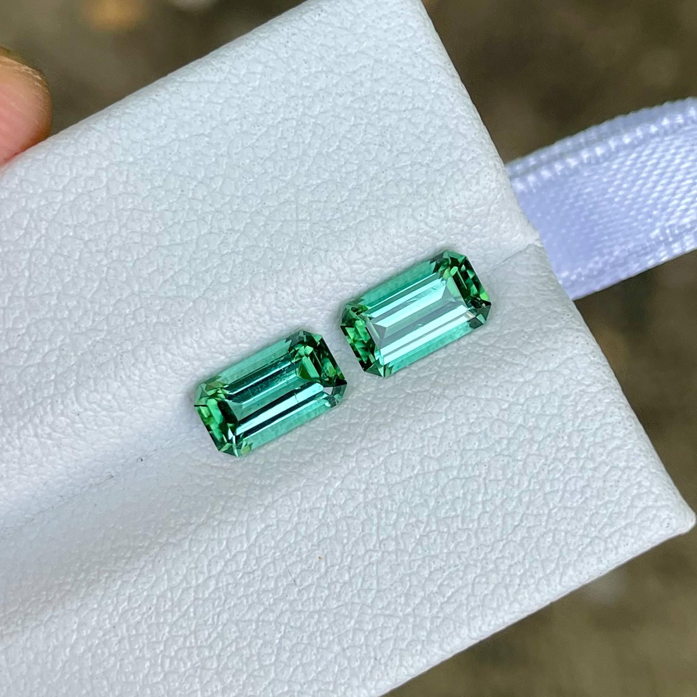 Poids 1,75 carats 
Dimensions 7.4x4.3x3.4 mm 
Traitement aucun 
Origine Afghanistan 
Clarté VVS 
Forme octogonale 
Taille émeraude 



La paire de pierres en tourmaline vert menthe de 1,75 carat, méticuleusement taillée en forme d'émeraude, est un