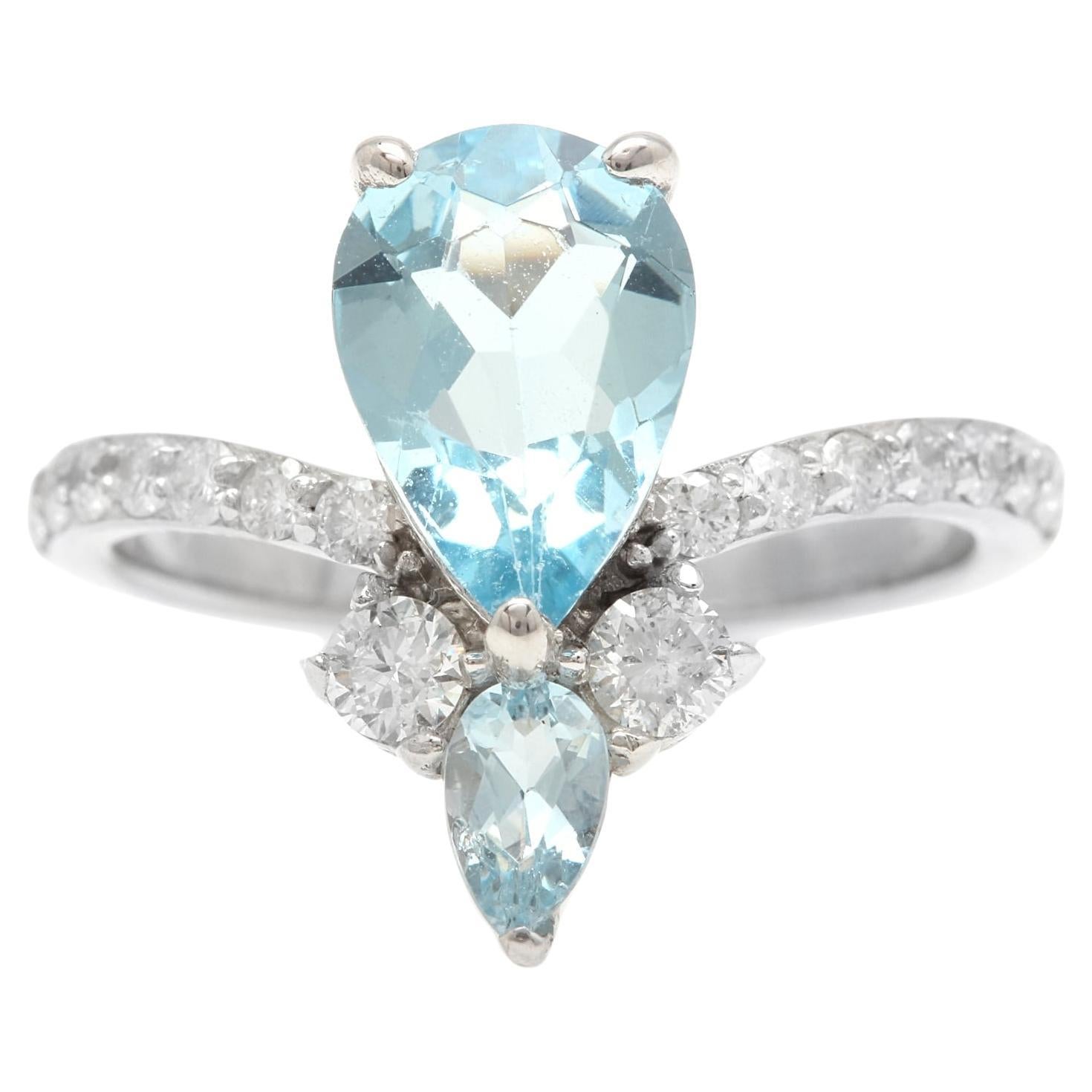 Bague en or blanc massif 14 carats avec aigue-marine naturelle de 1,75 carat et diamants