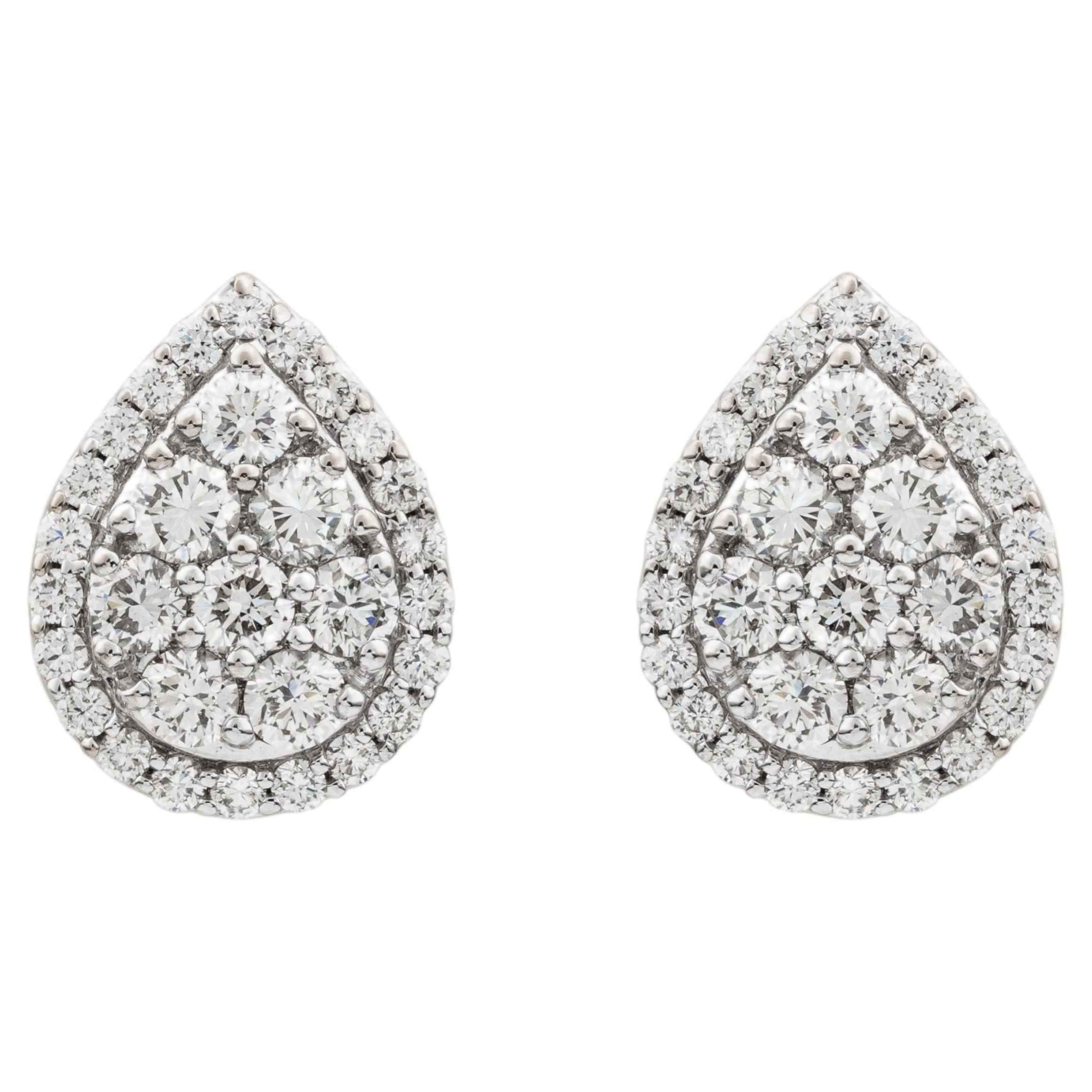 1.75 Ct Brilliant Cut Diamond Pear Shaped Halo Cluster Stud Earrings in 18K Gold
