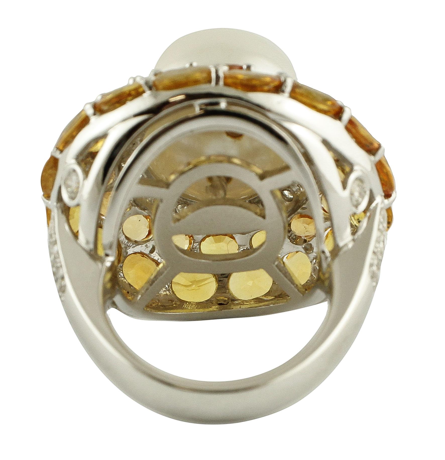 Retro Diamonds, Yellow Sapphires, Pearl White Gold Cluster Ring