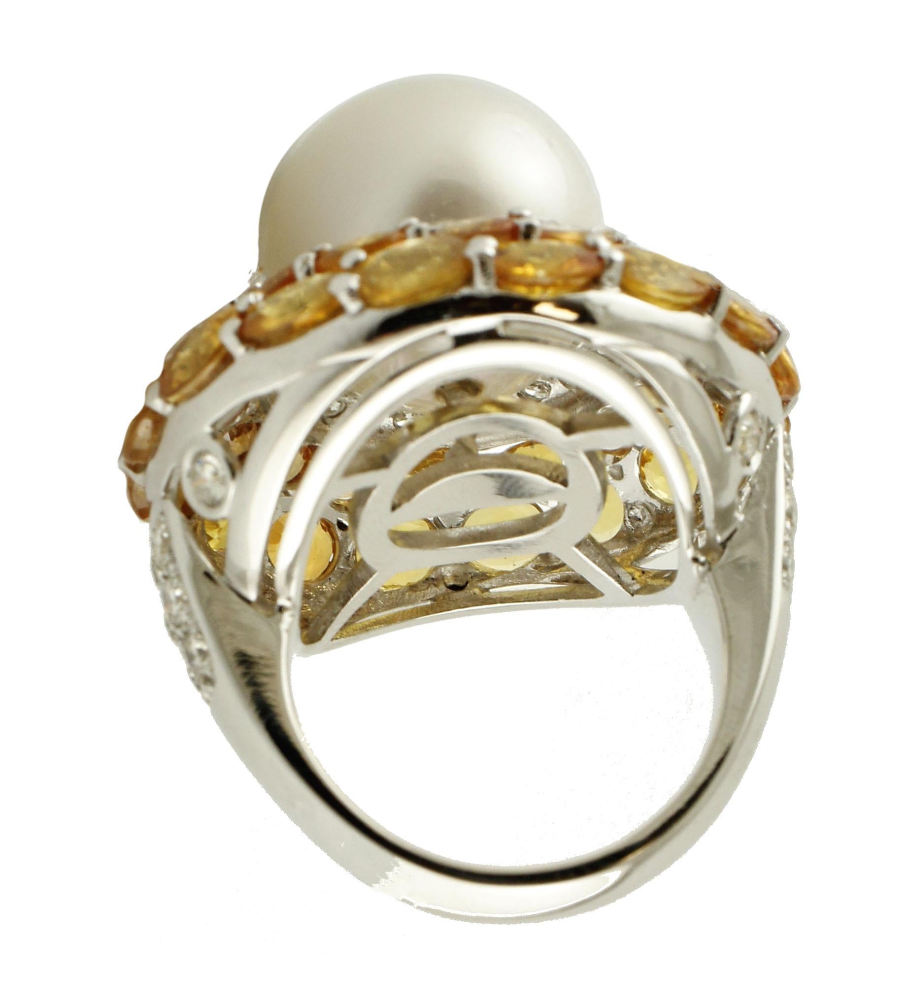 Round Cut Diamonds, Yellow Sapphires, Pearl White Gold Cluster Ring
