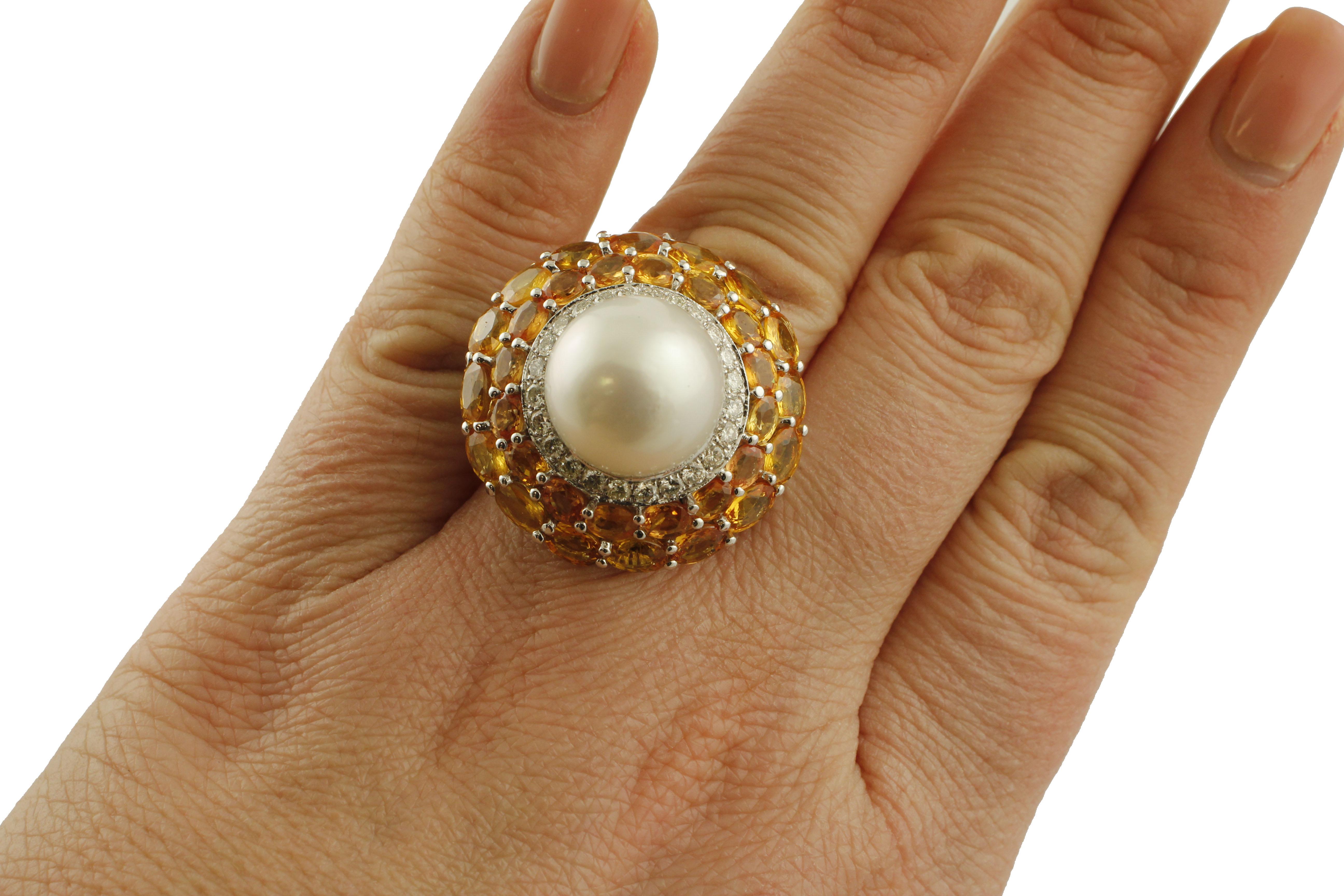 Women's Diamonds, Yellow Sapphires, Pearl White Gold Cluster Ring