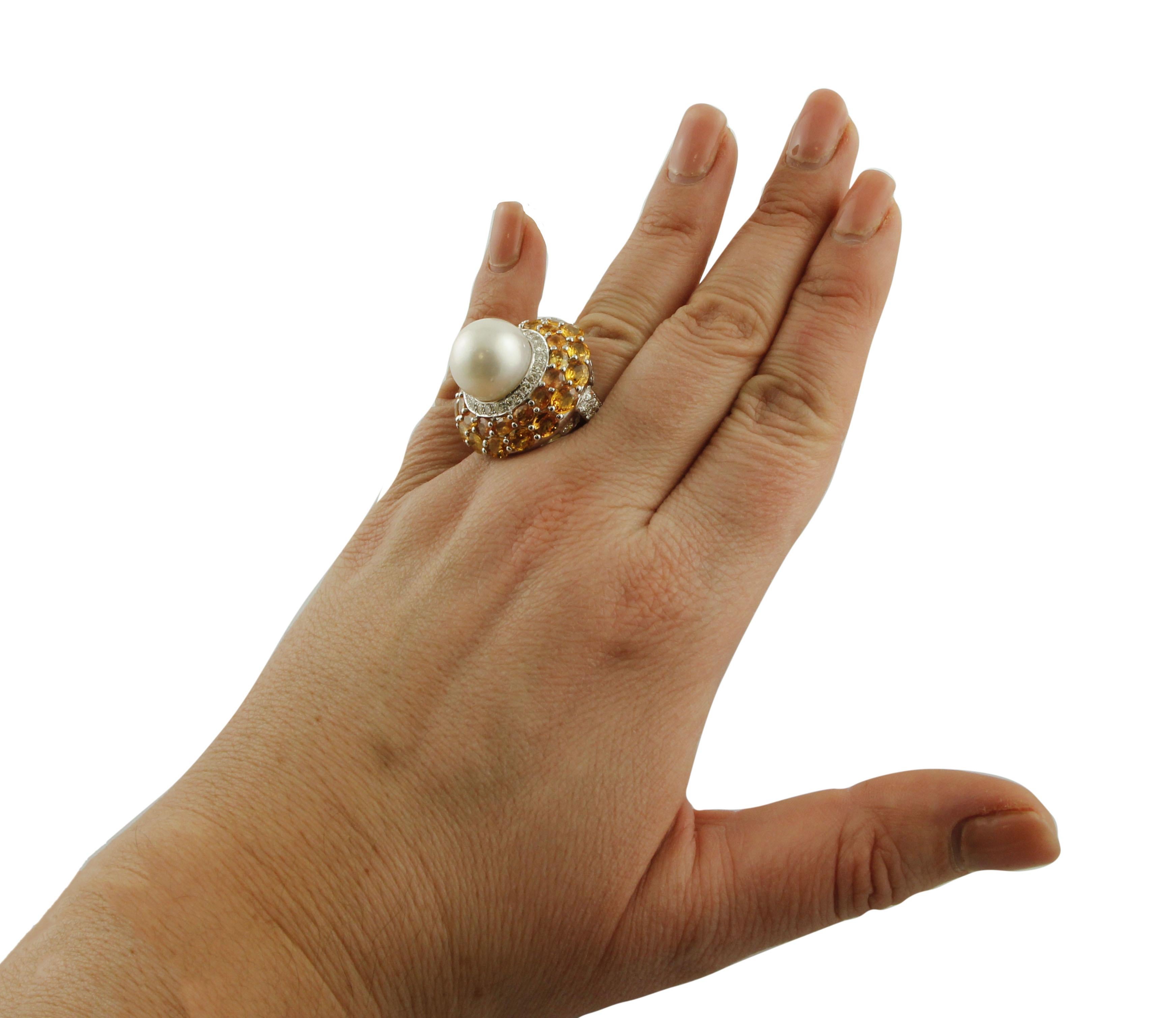 Diamonds, Yellow Sapphires, Pearl White Gold Cluster Ring 1