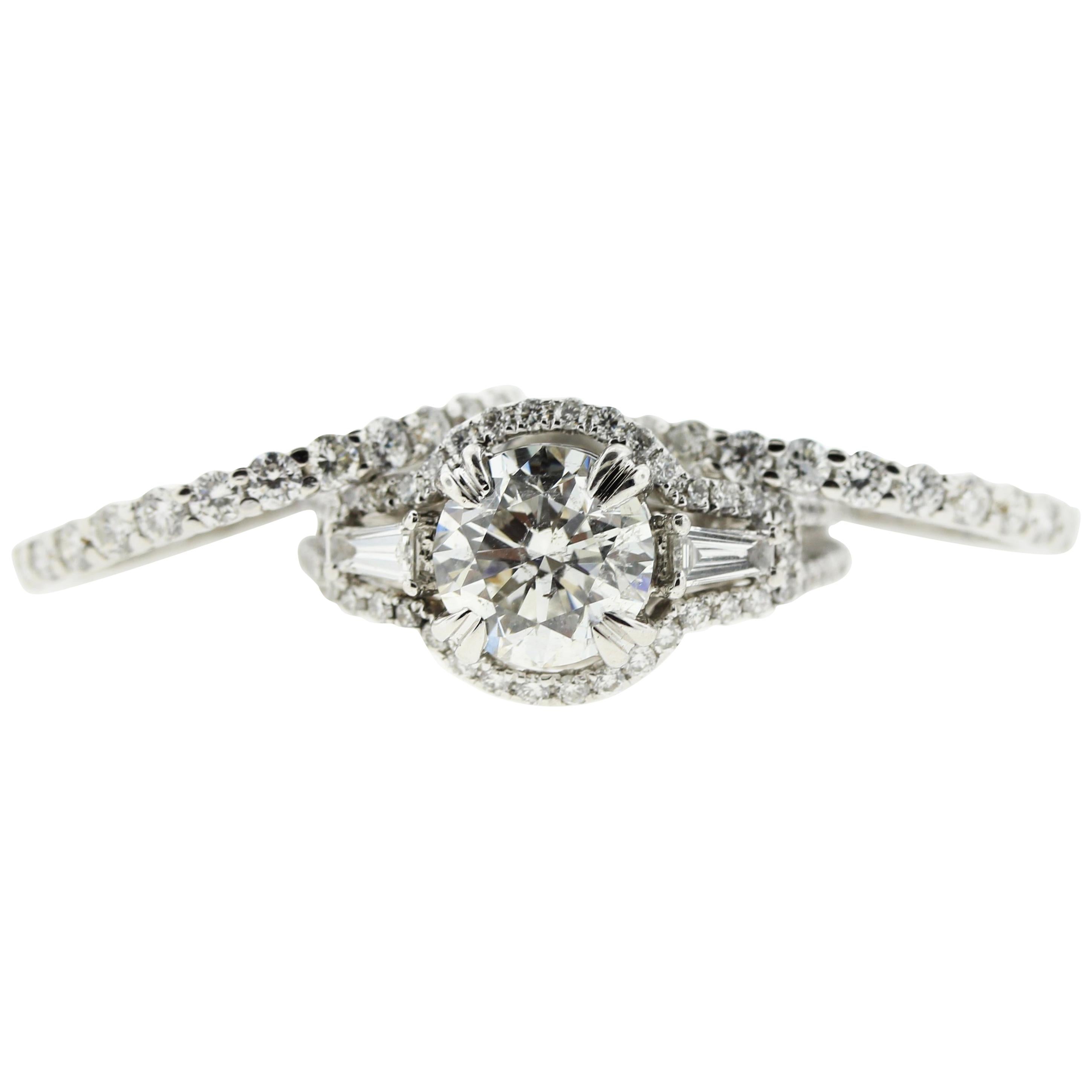 1.75 CT Round Diamond Engagement Ring, Diamond Halo and Tapered Baguettes (GIA)  For Sale