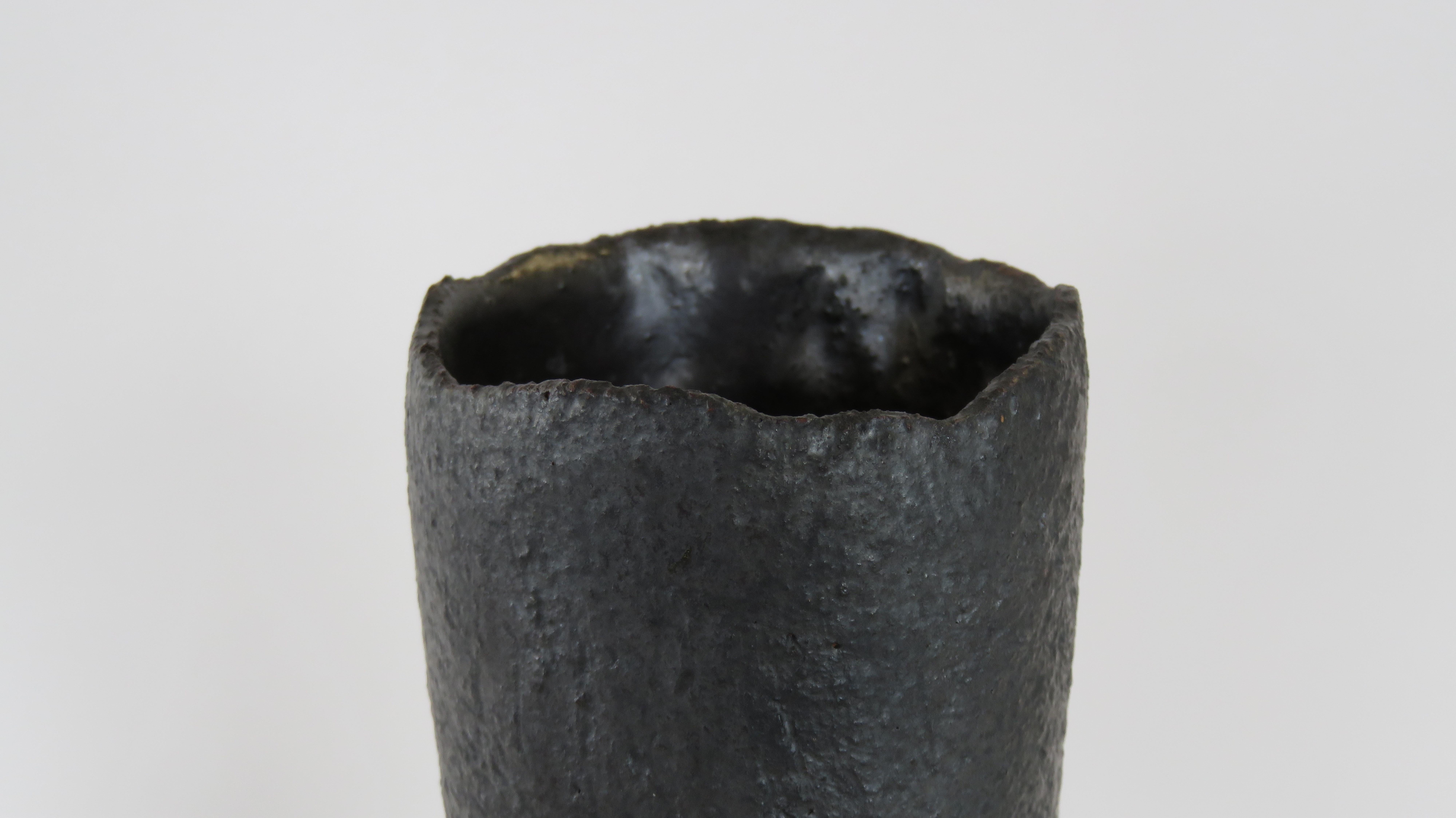 Contemporary Tall Tubular Metallic Black Stoneware Vase, Hand Built, 17.5 Inches Tall