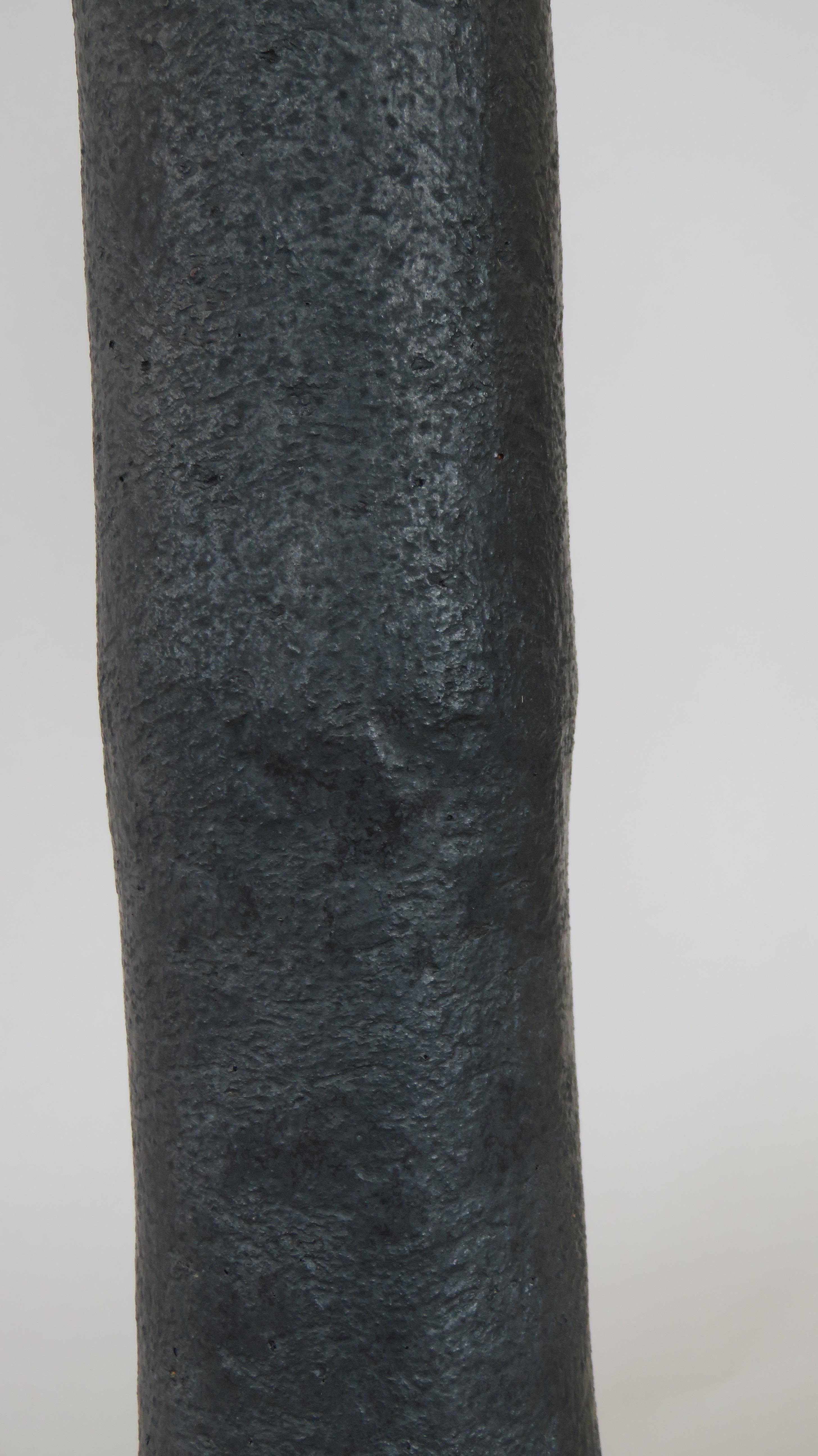 Hand-Crafted Tall Tubular Metallic Black Stoneware Vase, Hand Built, 17.5 Inches Tall