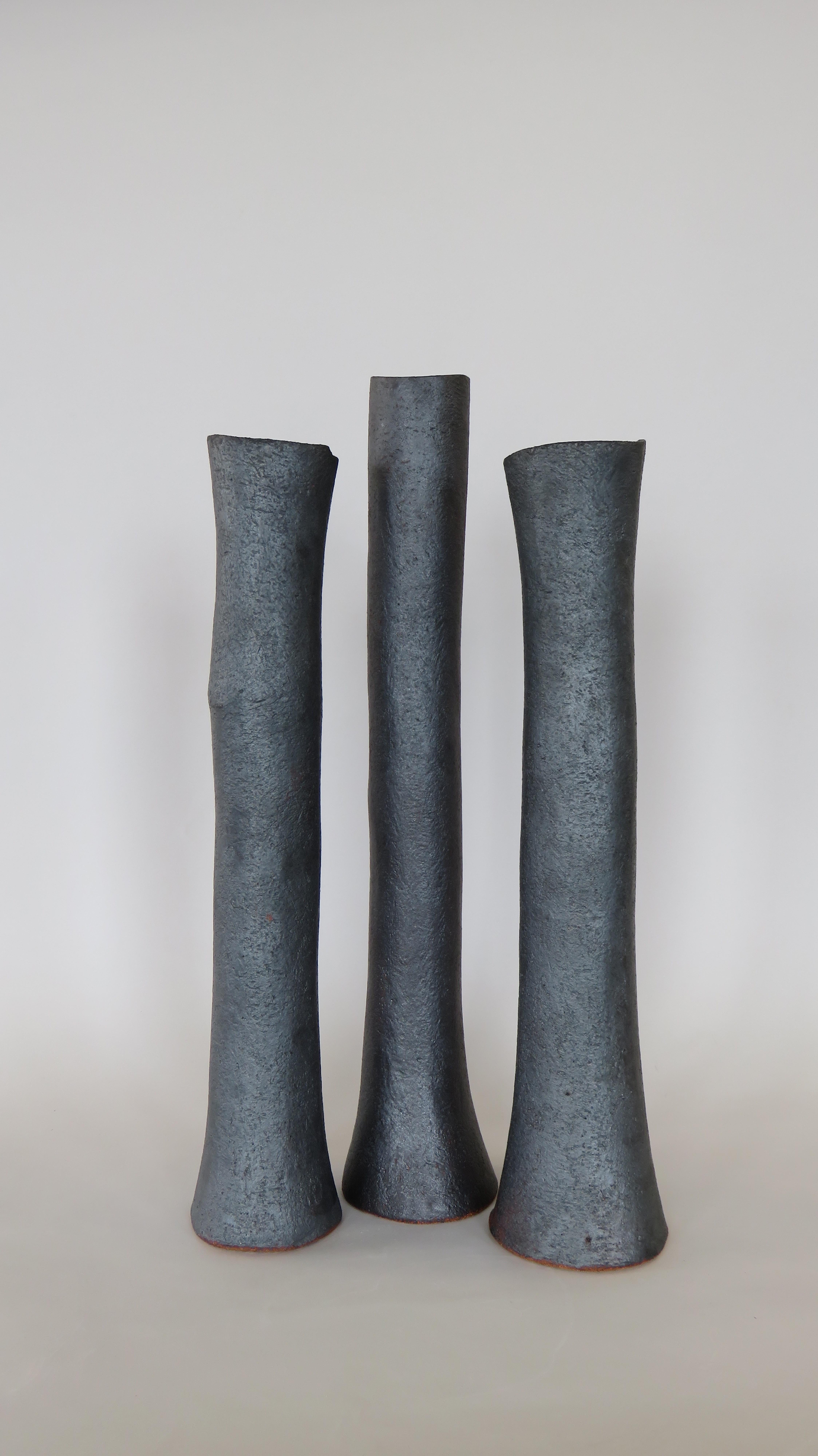 Tall Tubular Metallic Black Stoneware Vase, Hand Built, 17.5 Inches Tall 5