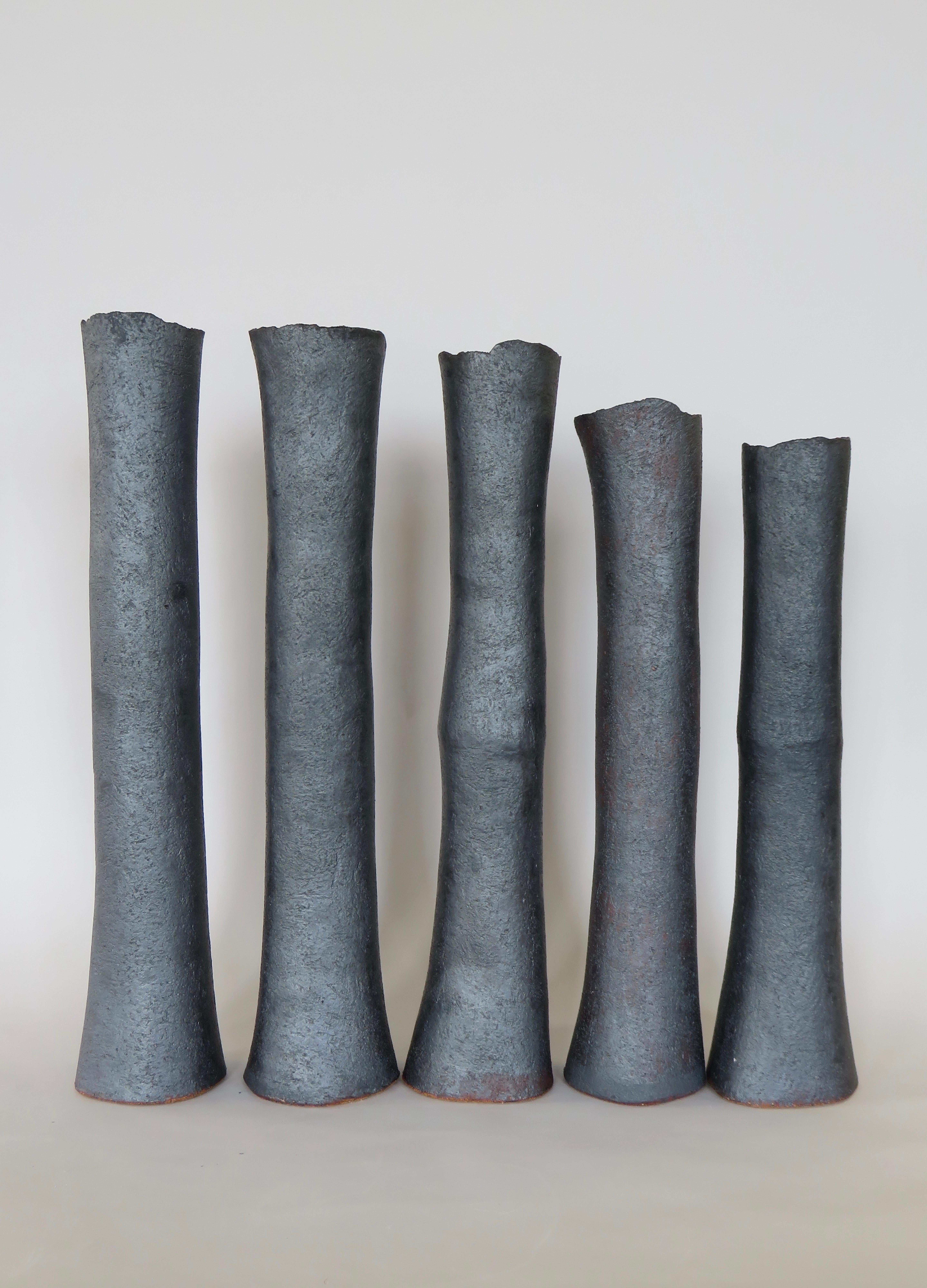 Tall Tubular Metallic Black Stoneware Vase, Hand Built, 17.5 Inches Tall 6