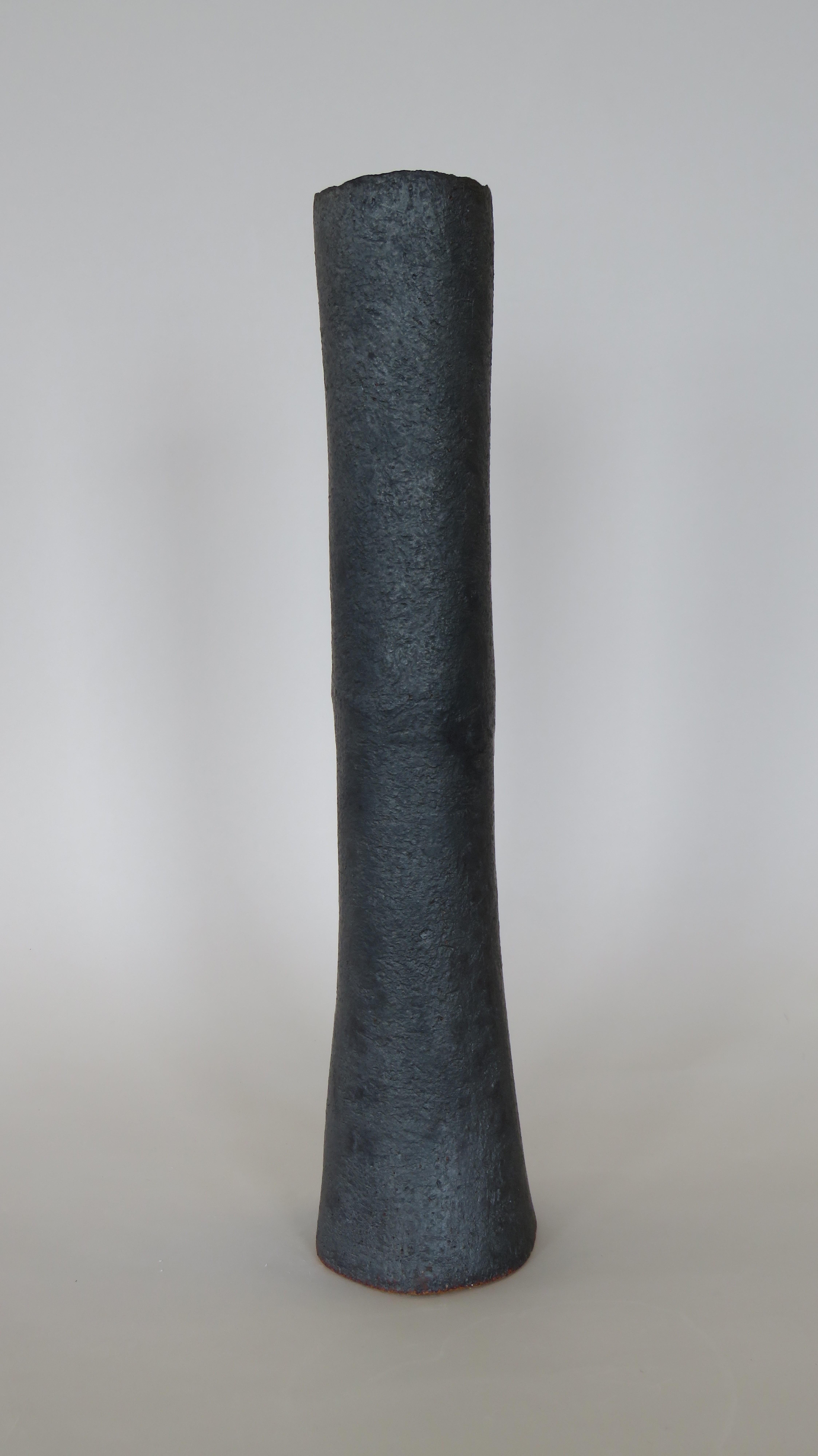 Organic Modern Tall Tubular Metallic Black Stoneware Vase, Hand Built, 17.5 Inches Tall