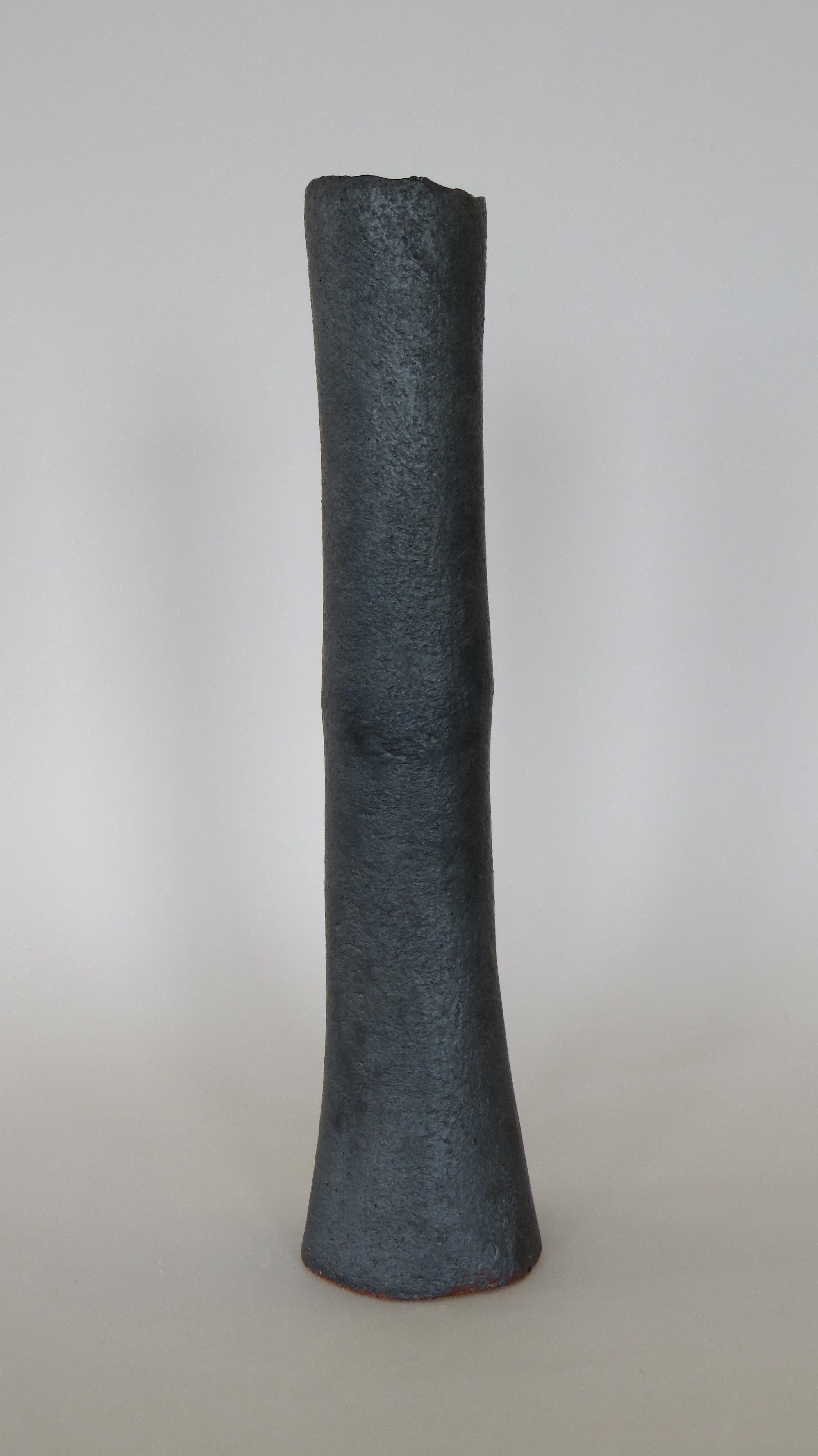 American Tall Tubular Metallic Black Stoneware Vase, Hand Built, 17.5 Inches Tall