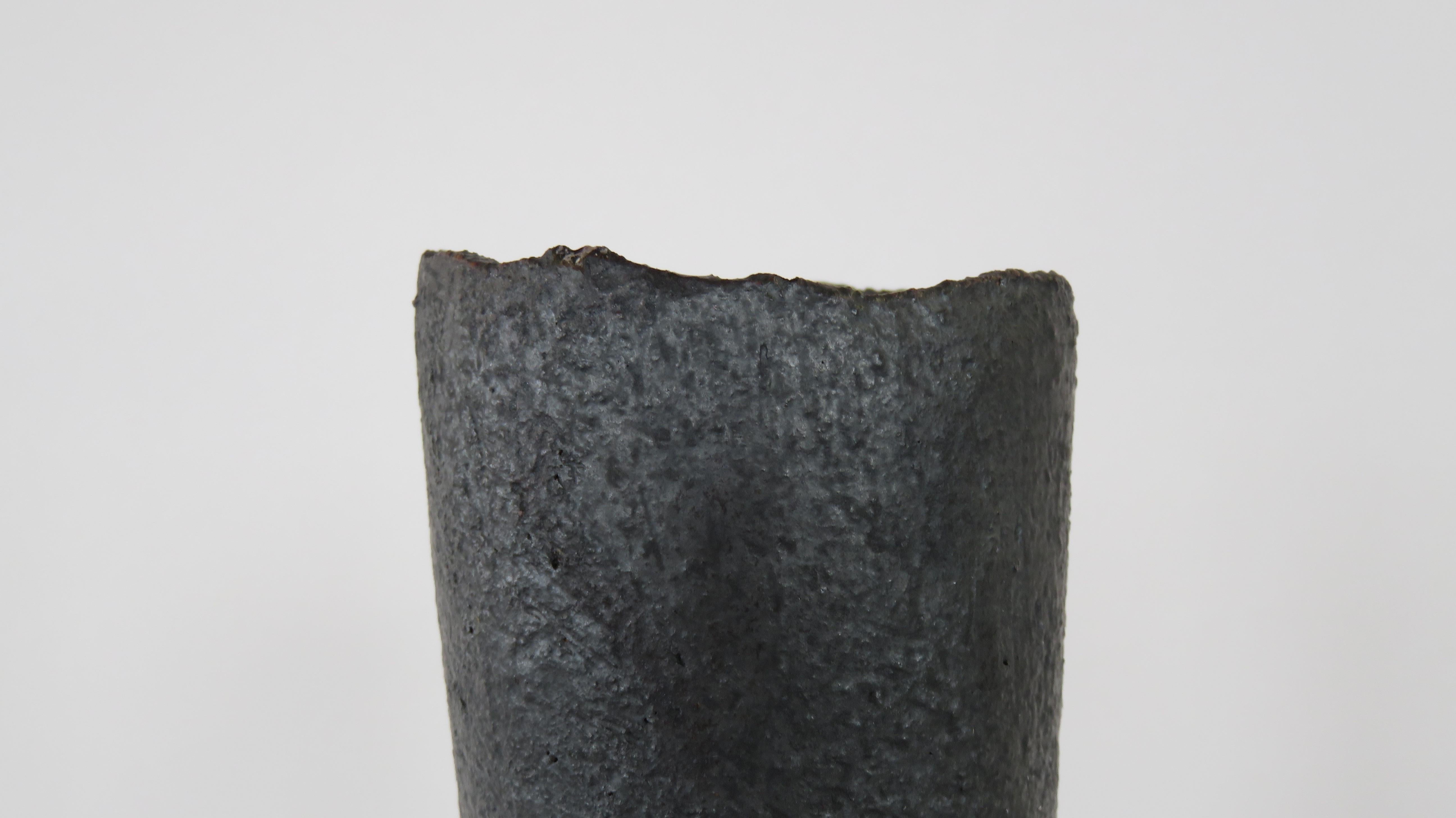 Tall Tubular Metallic Black Stoneware Vase, Hand Built, 17.5 Inches Tall In New Condition In New York, NY