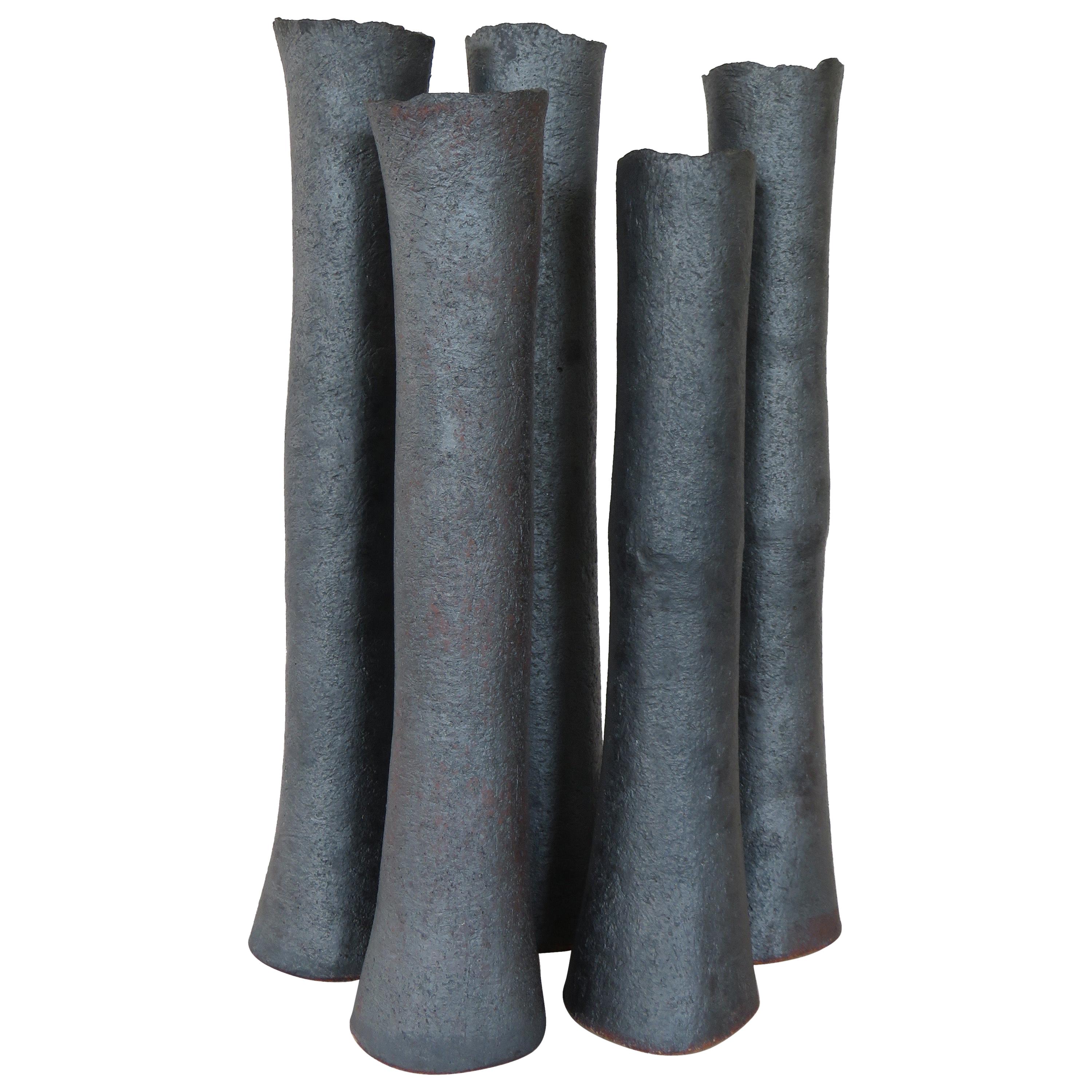 Tall Tubular Metallic Black Stoneware Vase, Hand Built, 17.5 Inches Tall 3
