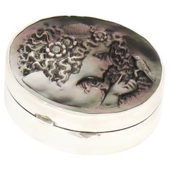 1.75" Sterling Silver Mother of Pearl Vintage English Girl w/ Bird Oval Pill Box