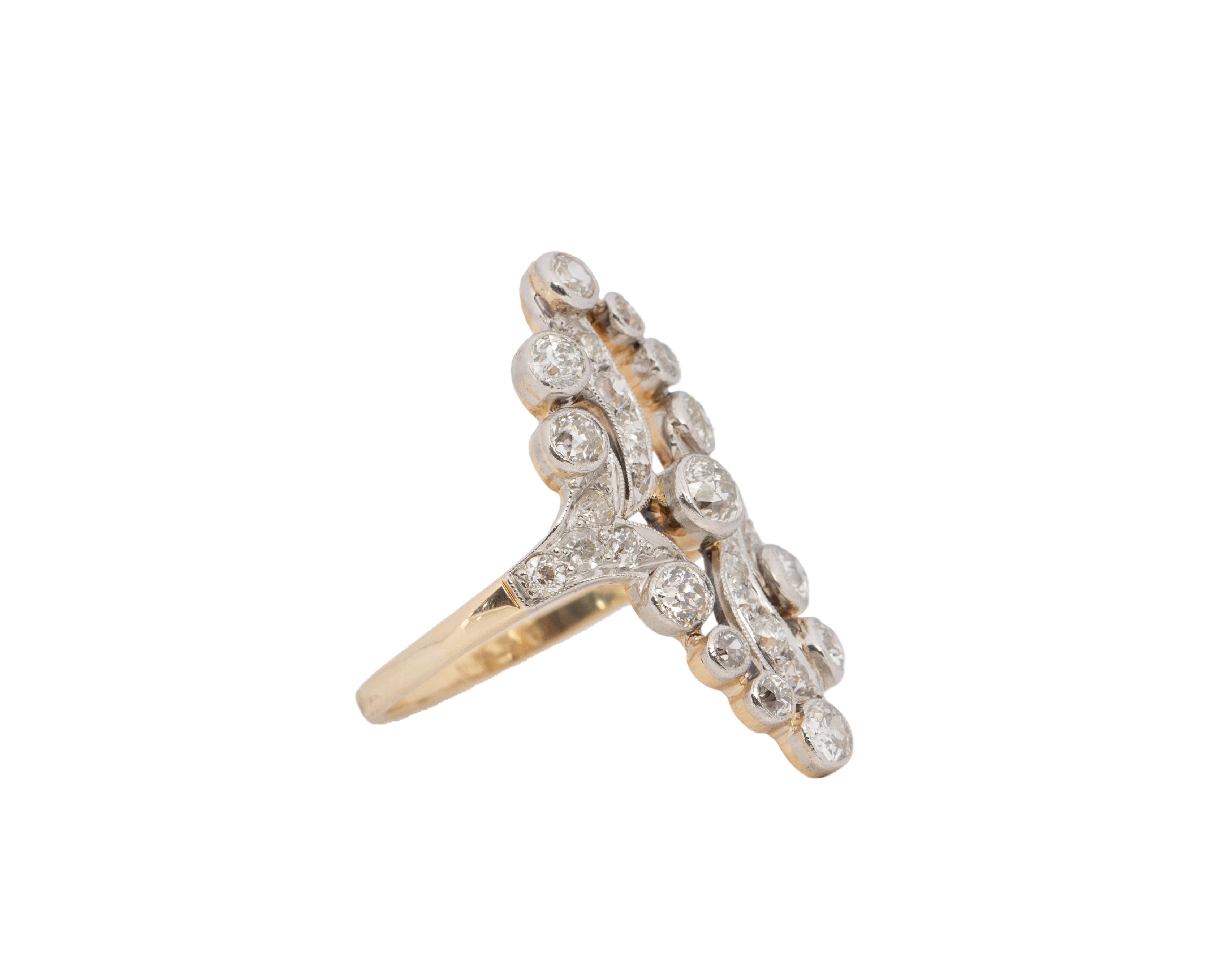 Ring Size:9
Metal Type: 14K Yellow Gold and Platinum Top [Hallmarked, and Tested]
Weight: 5.9 grams

Diamond Details:
Weight: 1.75ct, total weight
Cut: Old European brilliant
Color: G-H
Clarity: VS

Finger to Top of Stone Measurement: