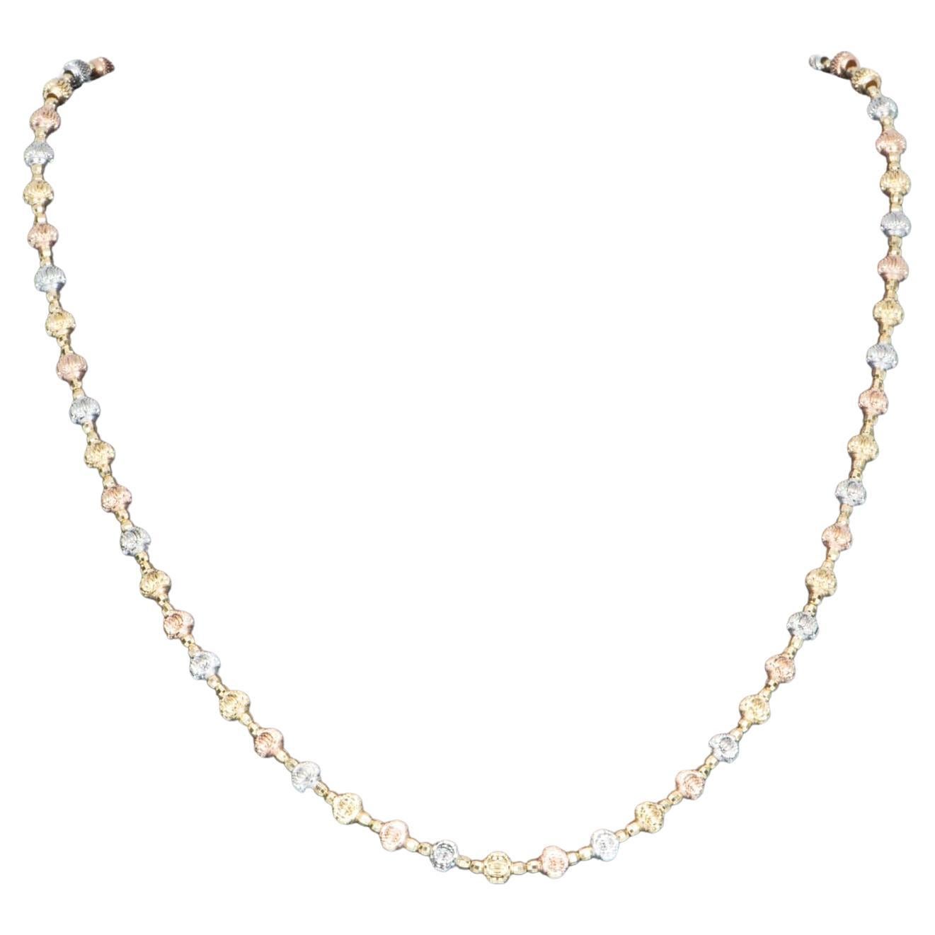 17.5" Tri-Color Solid 18K Gold Diamond Cut Sparkly Bead Necklace 11g+ Heavy 4mm For Sale