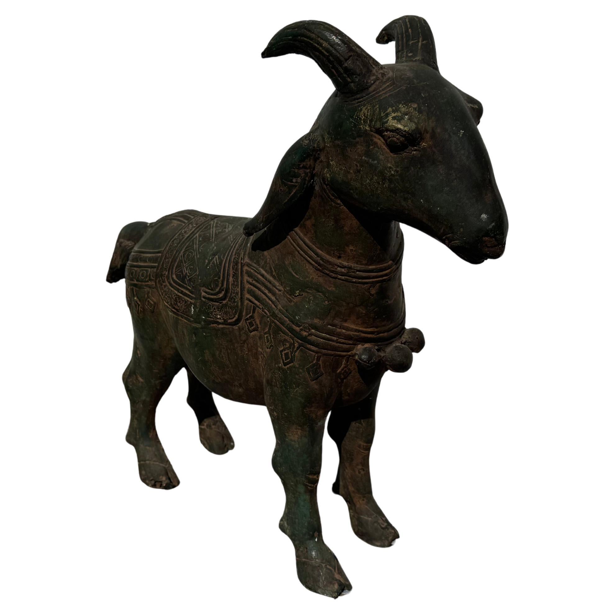 Scultura di capra in bronzo patinato vintage da 17,5 pollici