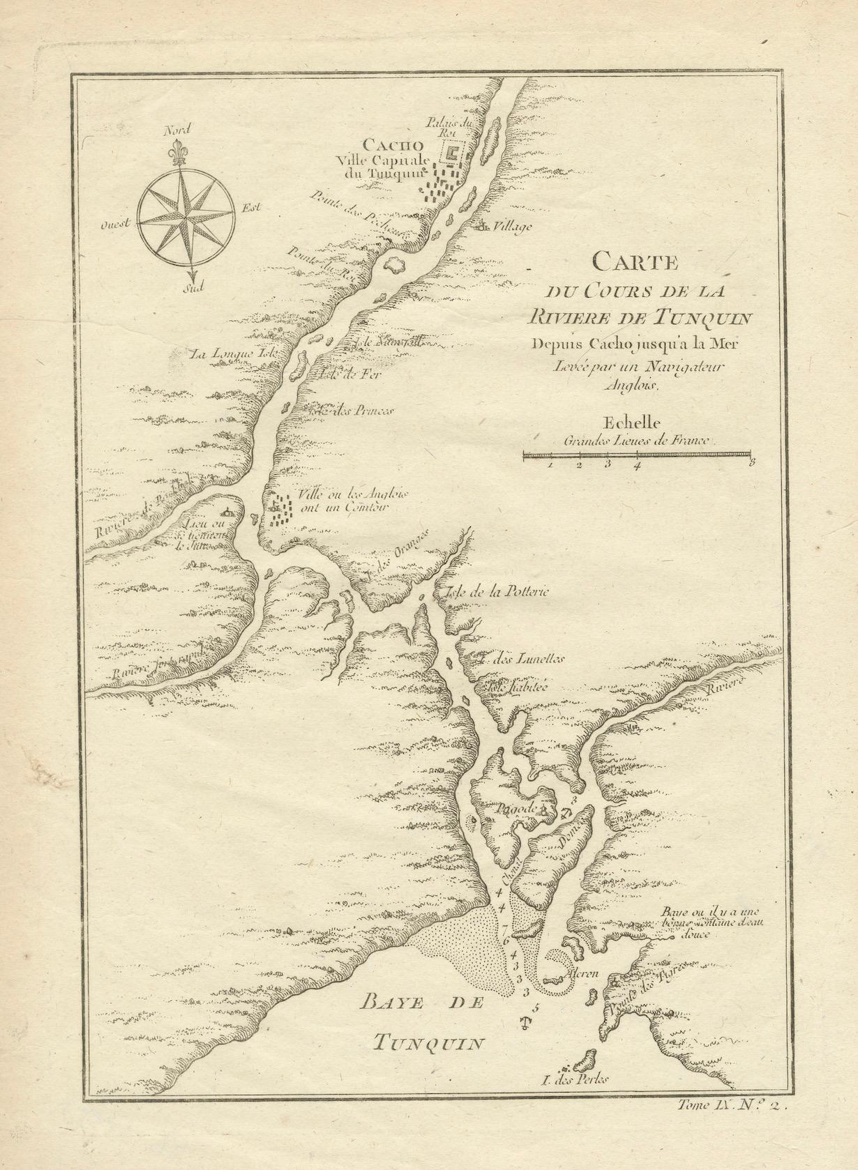 Papier Carte Bellin de la rivière rouge (rive Tonkin) et de Hanoi, Vietnam, 1750 en vente