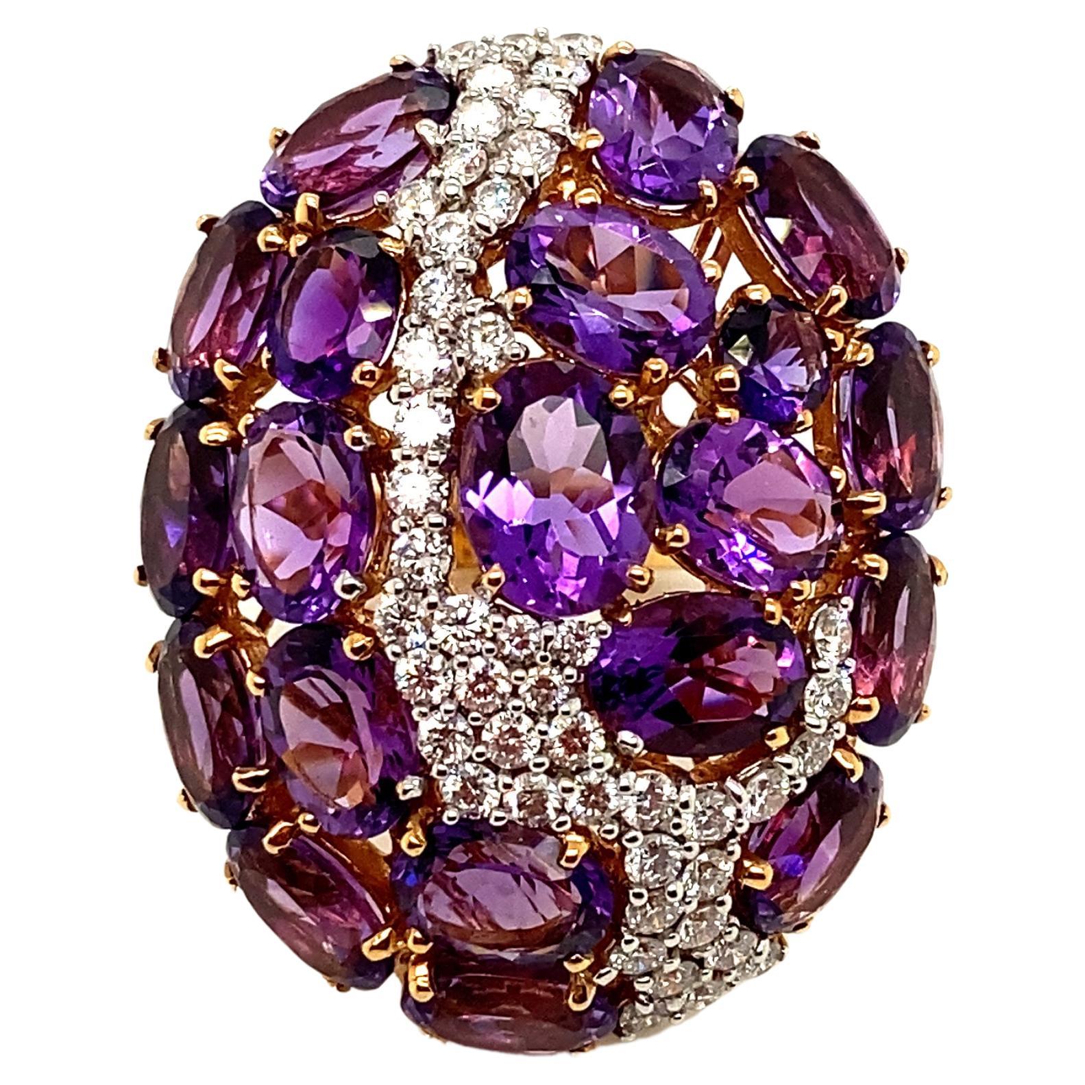 Bague de fiançailles en or rose, améthystes naturelles de taille ovale de 17,50 carats et diamants blancs en vente