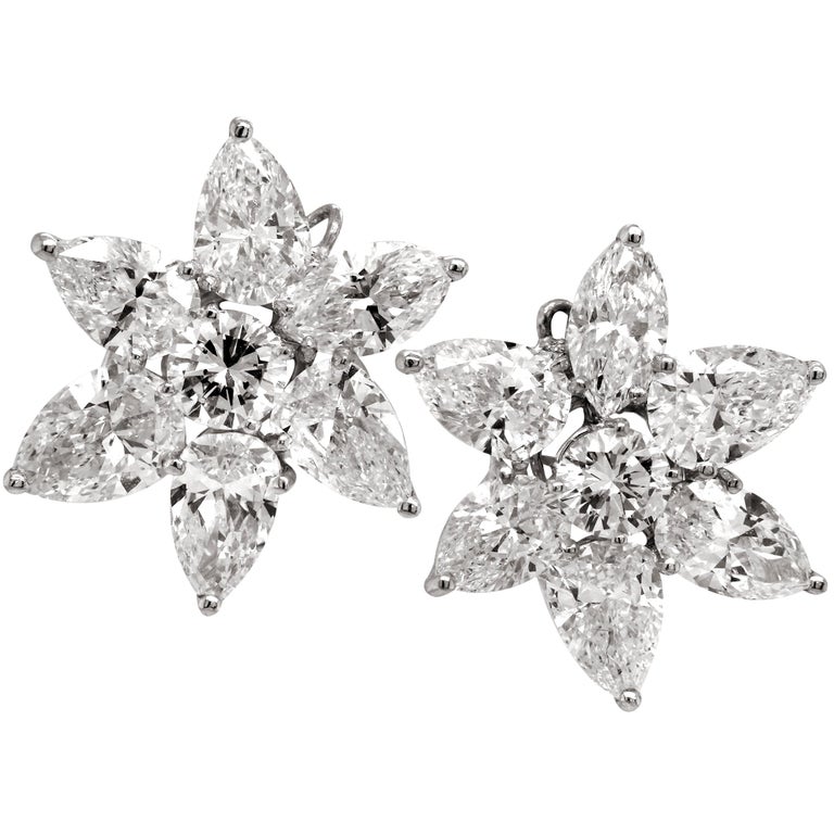 Marquise Cut 17.50 Carat Pear Marquise Round Cut Diamond Platinum Cluster Stud Earrings For Sale