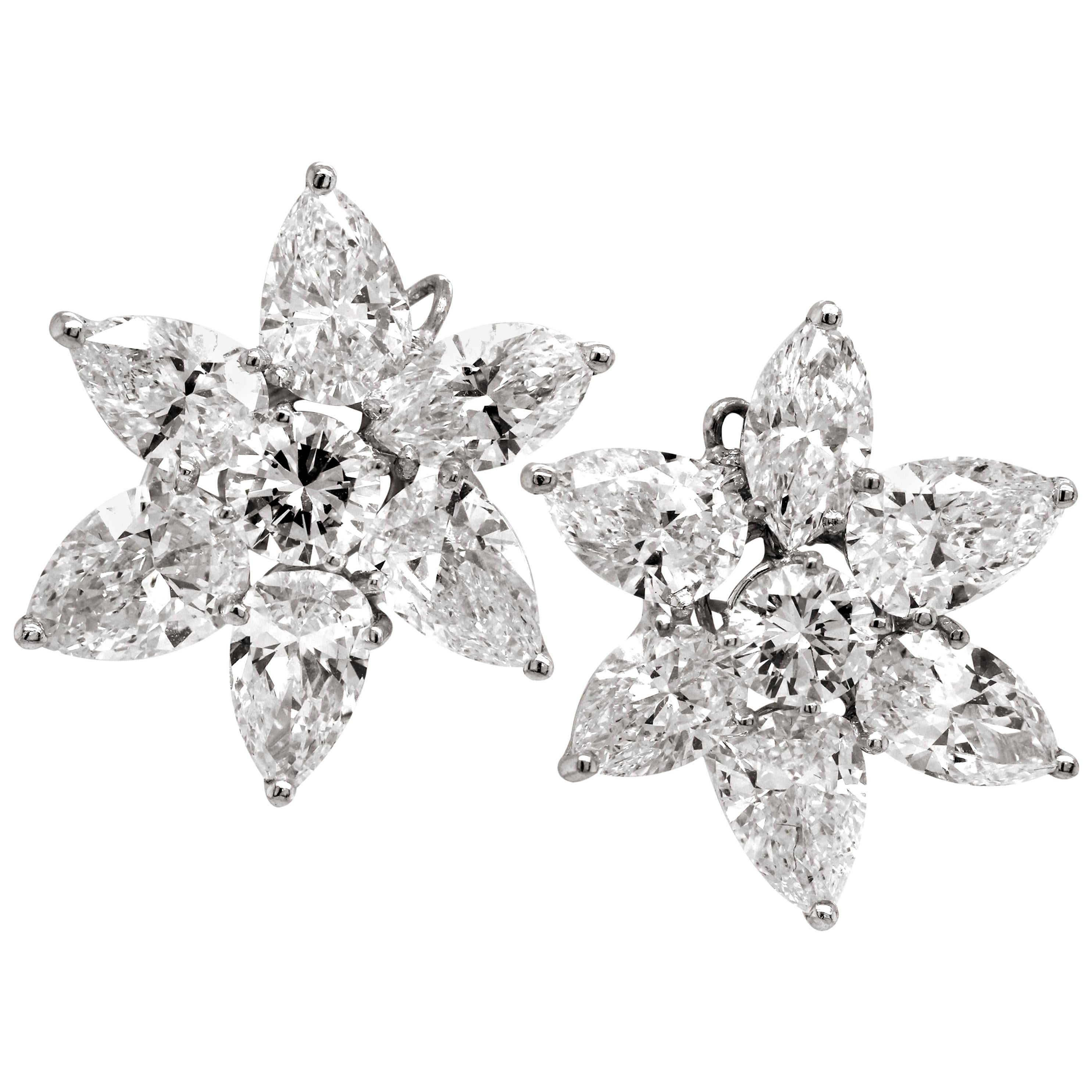17.50 Carat Pear Marquise Round Cut Diamond Platinum Cluster Stud Earrings