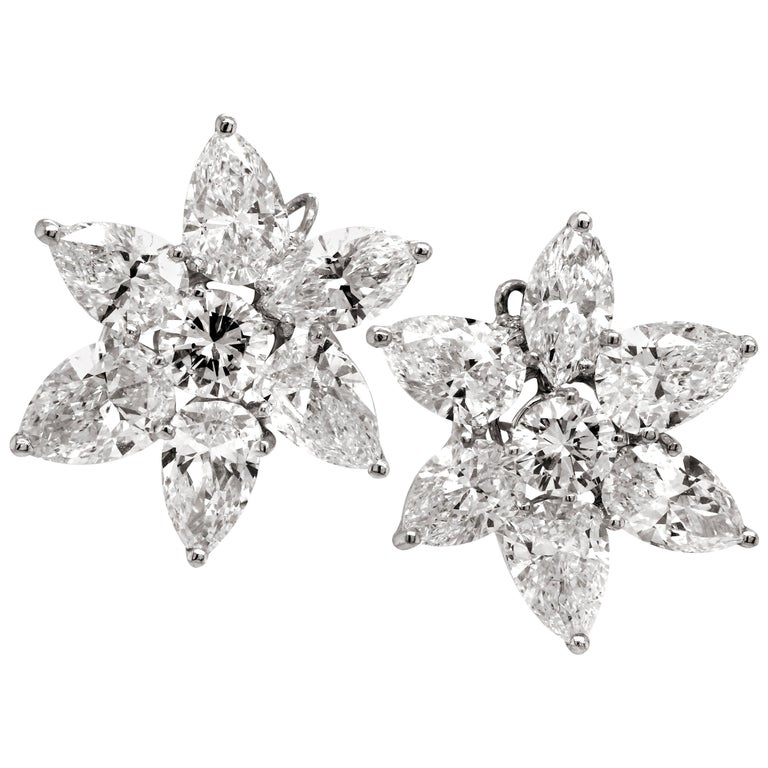 17.50 Carat Pear Marquise Round Cut Diamond Platinum Cluster Stud Earrings For Sale