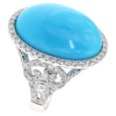 17.50 Carats Oval Cabochon Turquoise Diamond Ring in 18 Karat White Gold