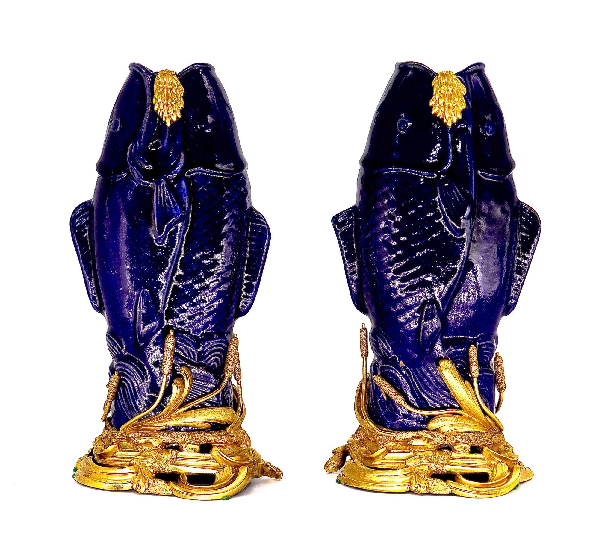 1750 Circa, a Pair of Mounted Porcelain Karp Shaped Vases For Sale 3
