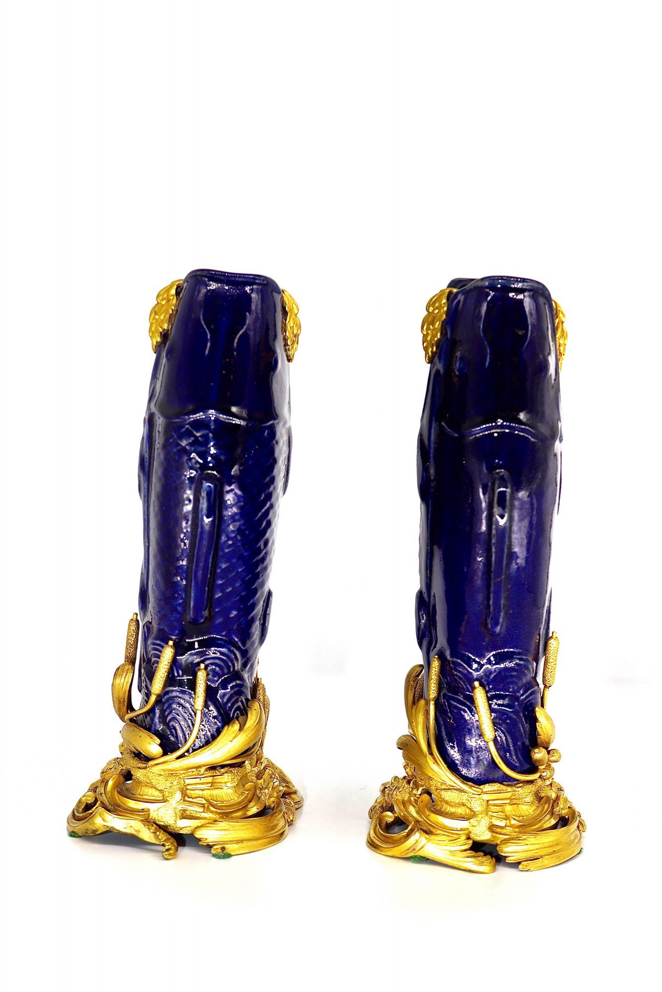 1750 Circa, a Pair of Mounted Porcelain Karp Shaped Vases For Sale 7