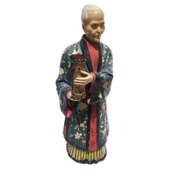 1750 Italy Lacquered Polychrome Terracotta Chinese Figure with Floral Decor