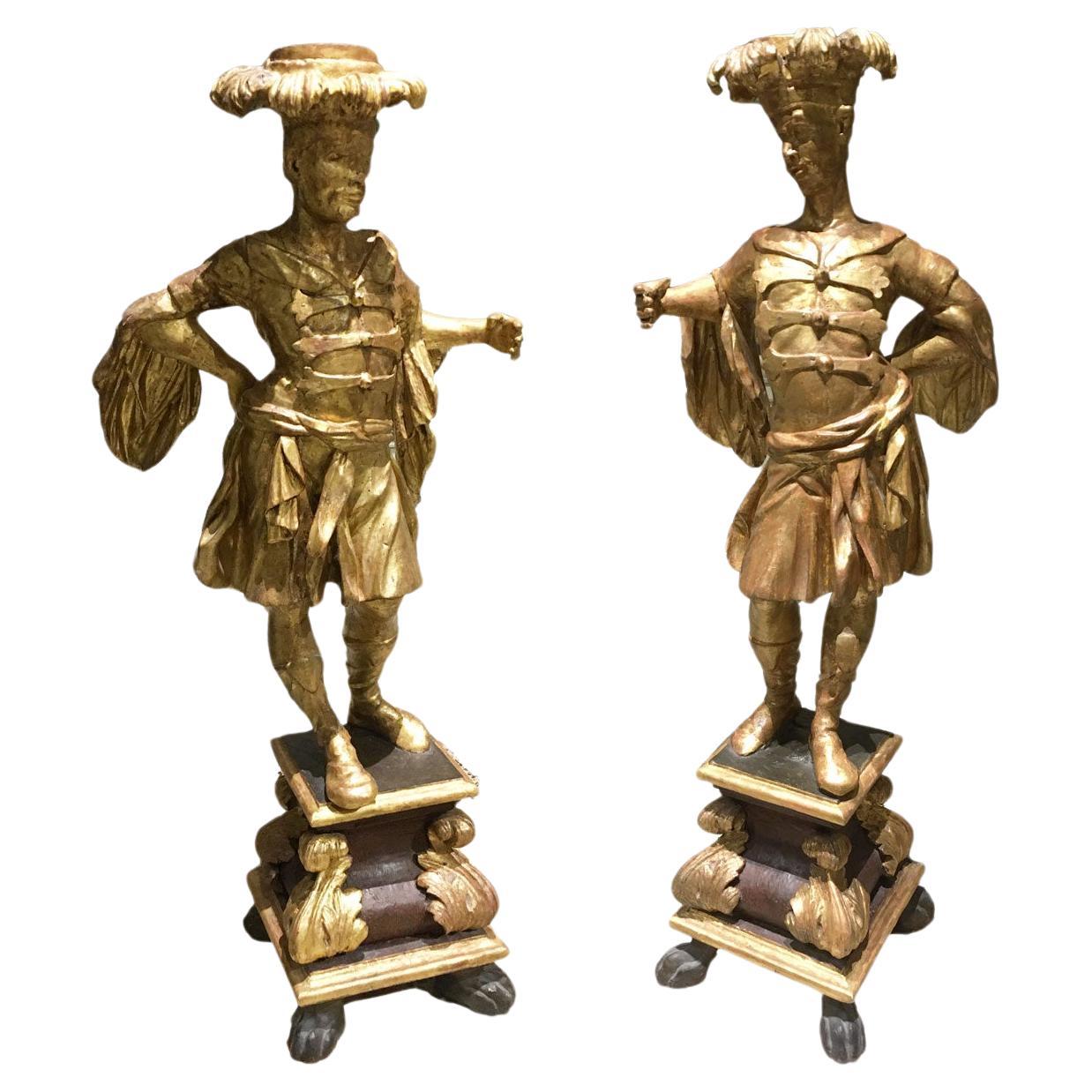 1750 Italy Pair of Carved and Engraved Giltwood Male Figures Sculptures For Sale