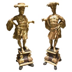 1750 Italy Pair of Carved and Engraved Giltwood Male Figures Sculptures