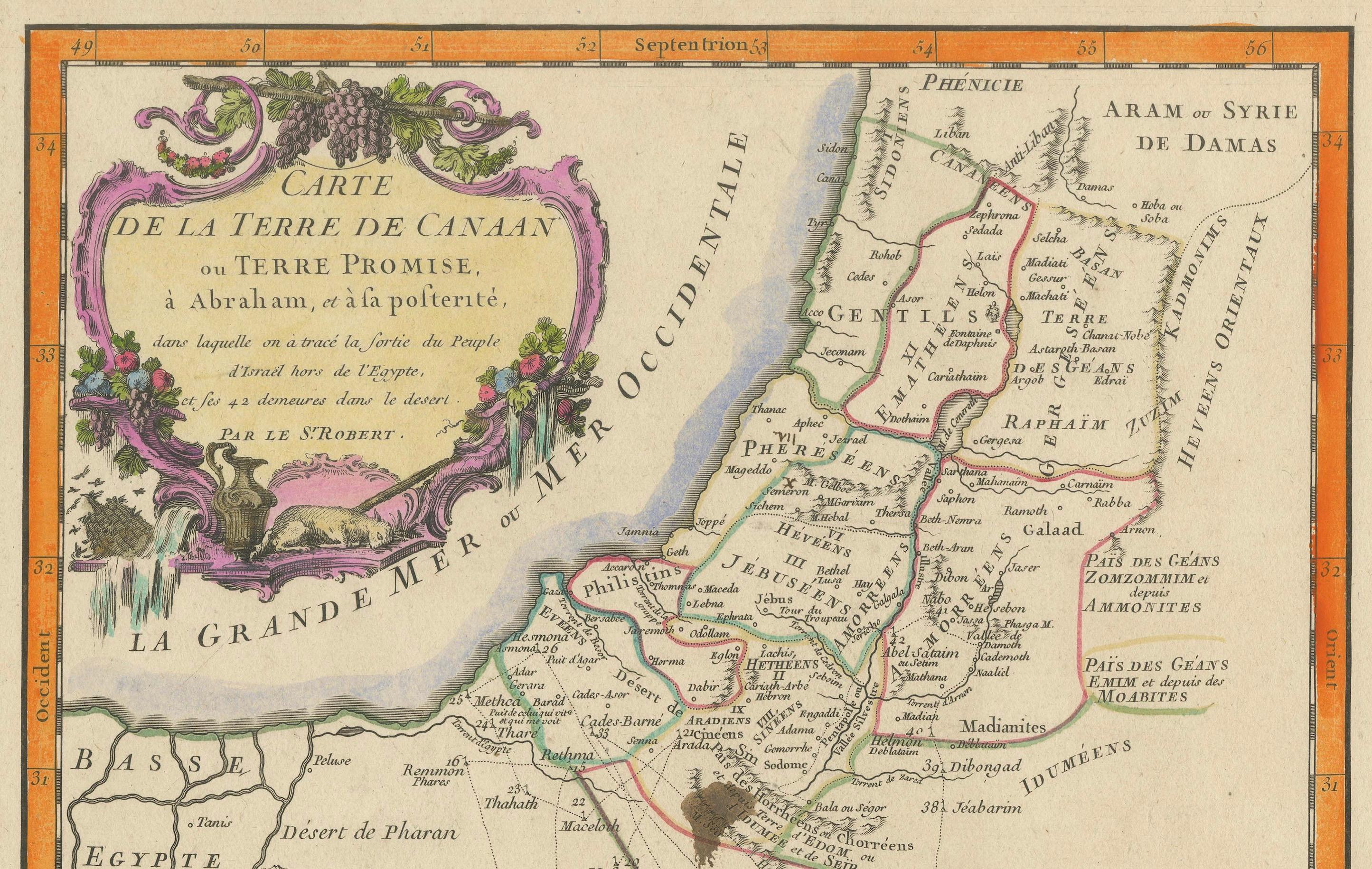 Carte de la Terre de Canaan ou Terre Promise
Cartographe : Le St. Robert
Date de publication : 1750

Cette exquise carte du XVIIIe siècle, intitulée 