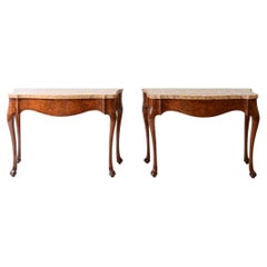 1750 Pair of important consoles in walnut burl and roman marble