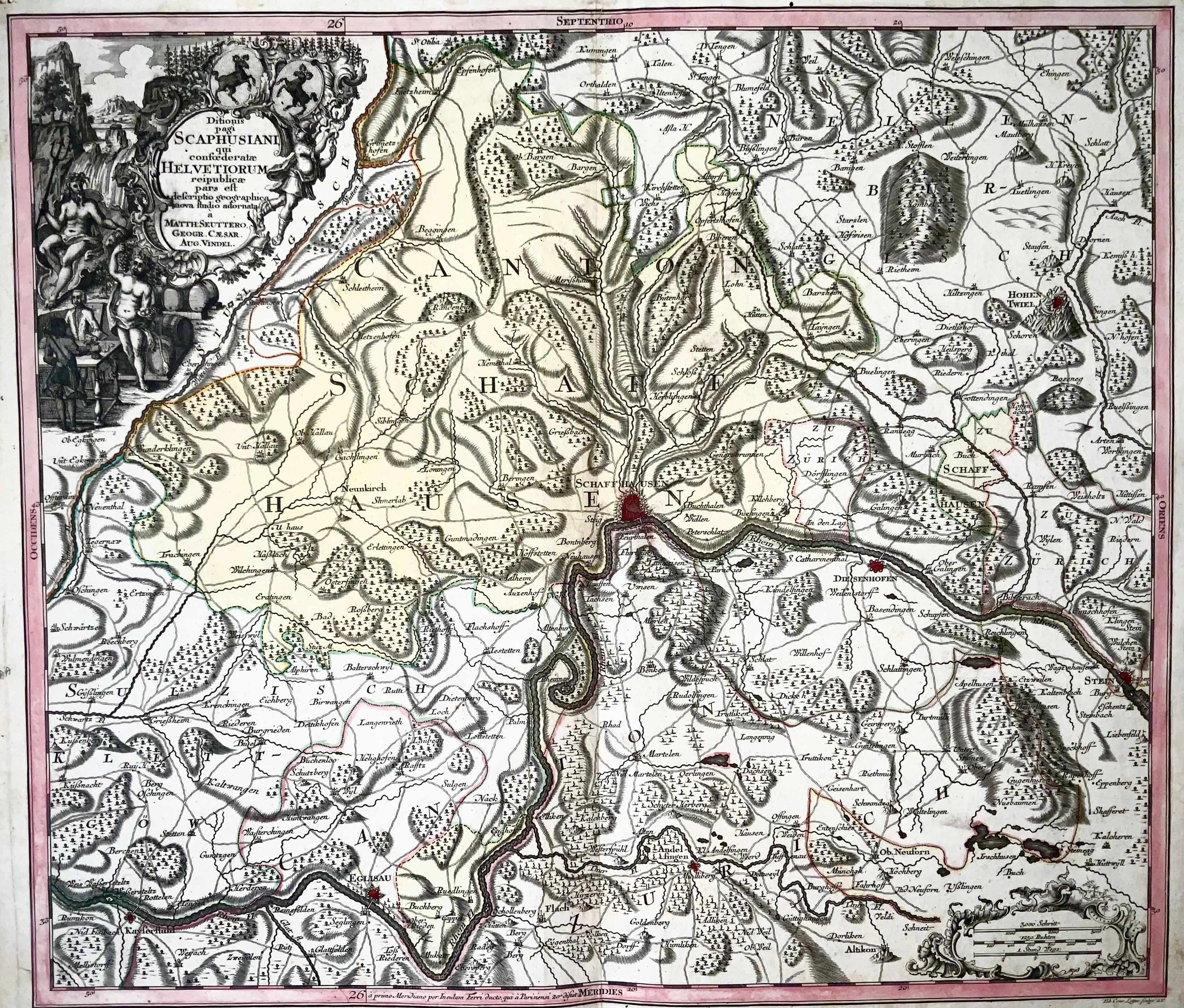 Baroque 1750 Schaffhausen, Seutter, Large and Detailed Map Switzerland For Sale
