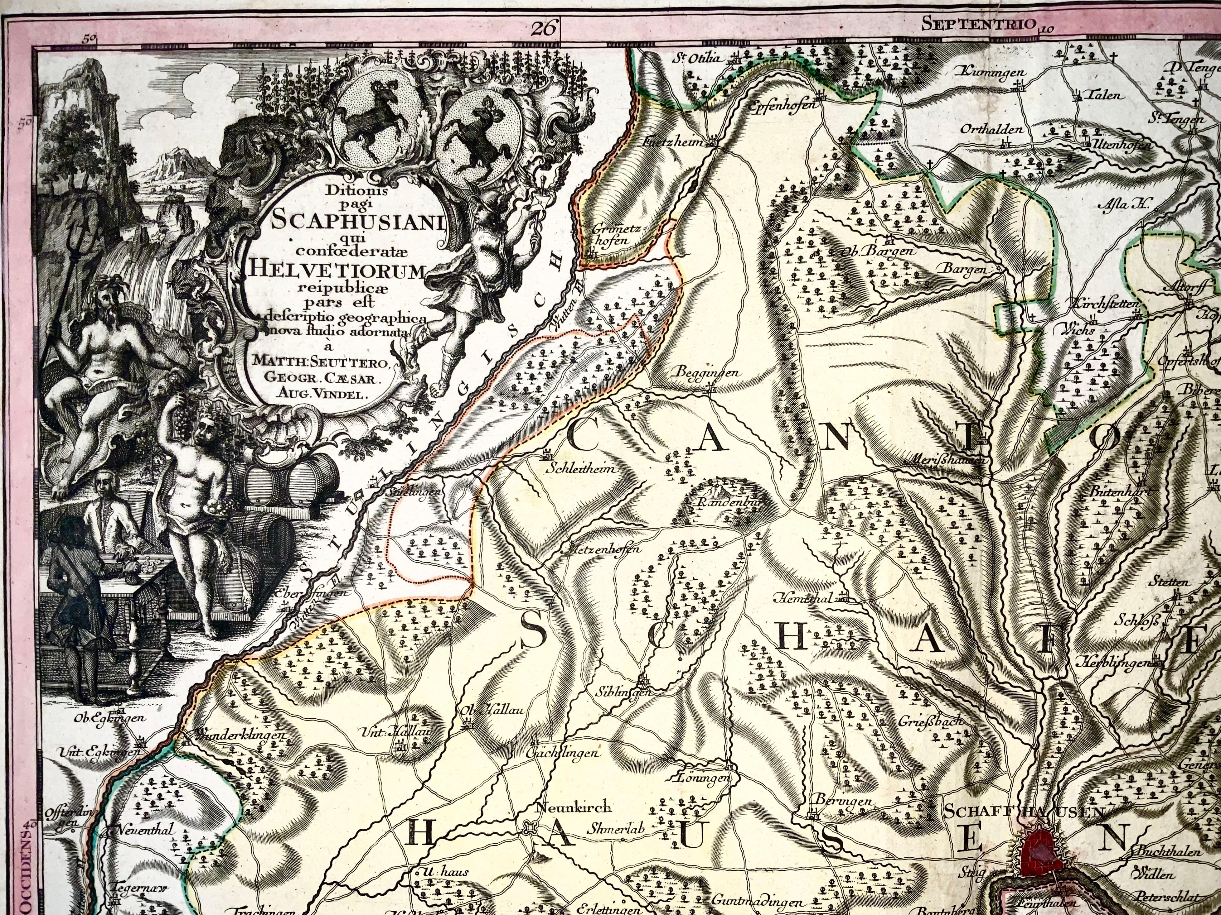1750 Schaffhausen, Seutter, große und detaillierte Karte der Schweiz (Barock) im Angebot