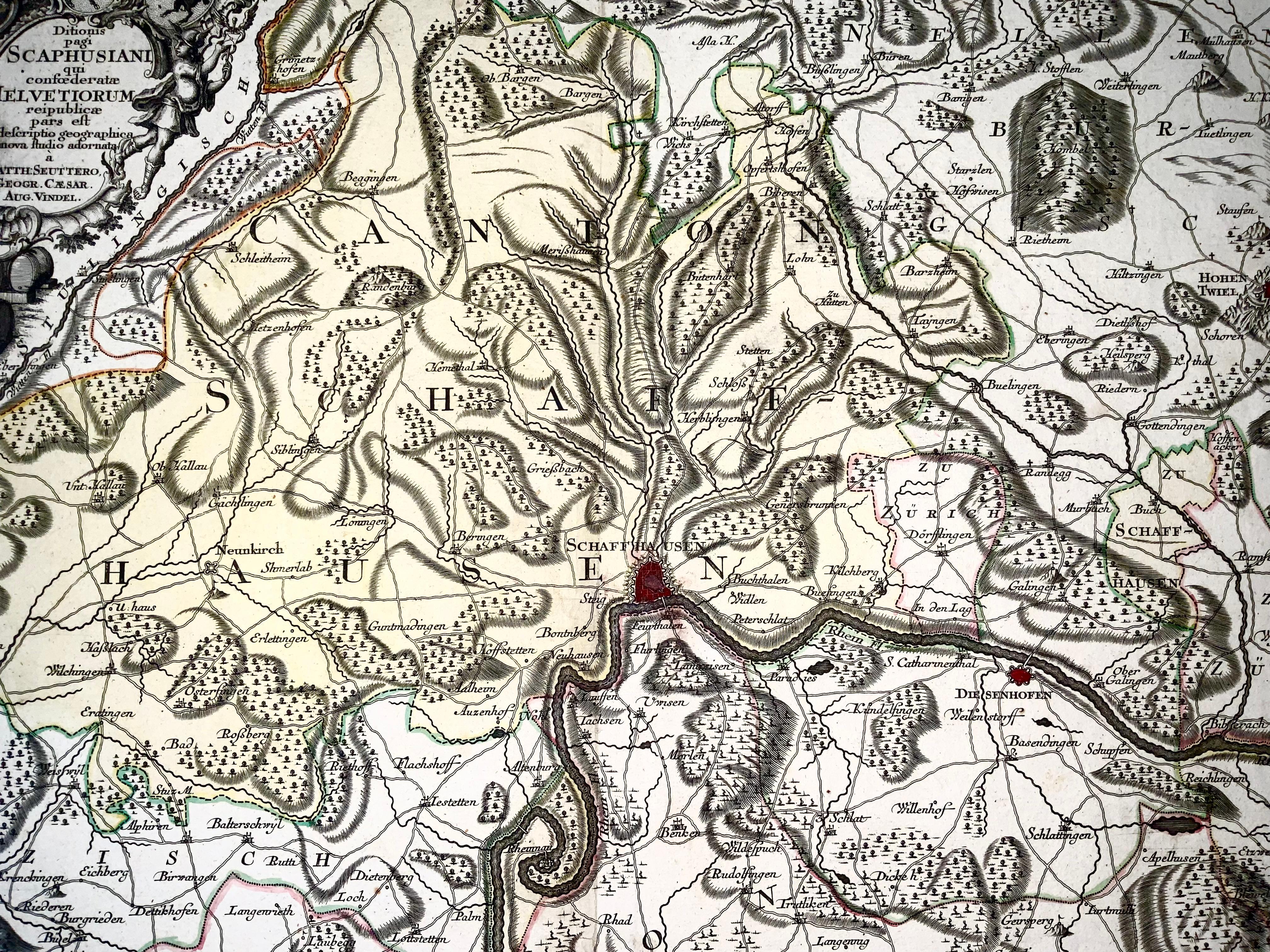 1750 Schaffhausen, Seutter, große und detaillierte Karte der Schweiz (Italienisch) im Angebot