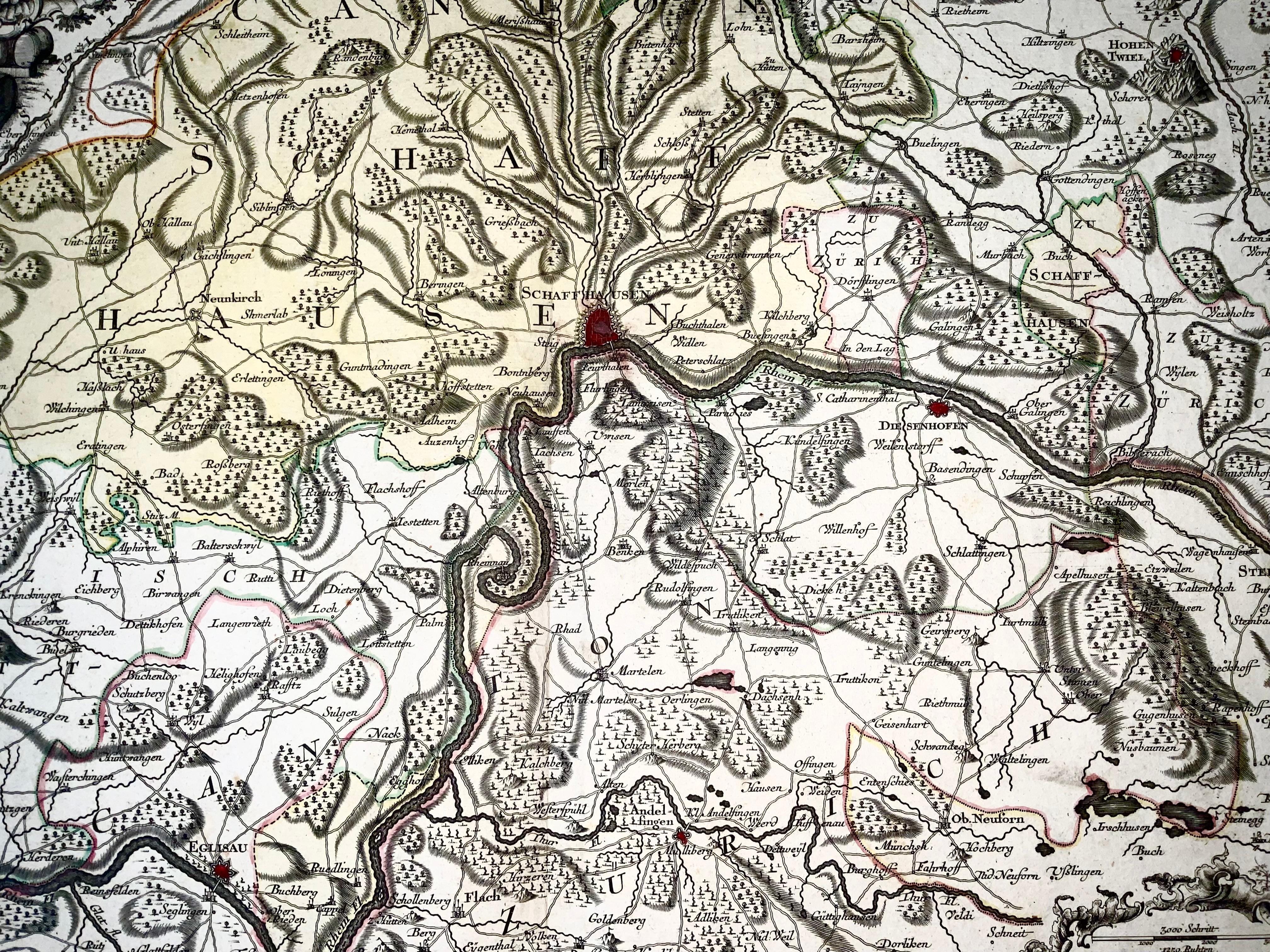1750 Schaffhausen, Seutter, große und detaillierte Karte der Schweiz (Radiert) im Angebot