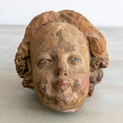 1750 Spanish Restored Hand Carved Painted Baroque Wooden Child's Head Sculpture