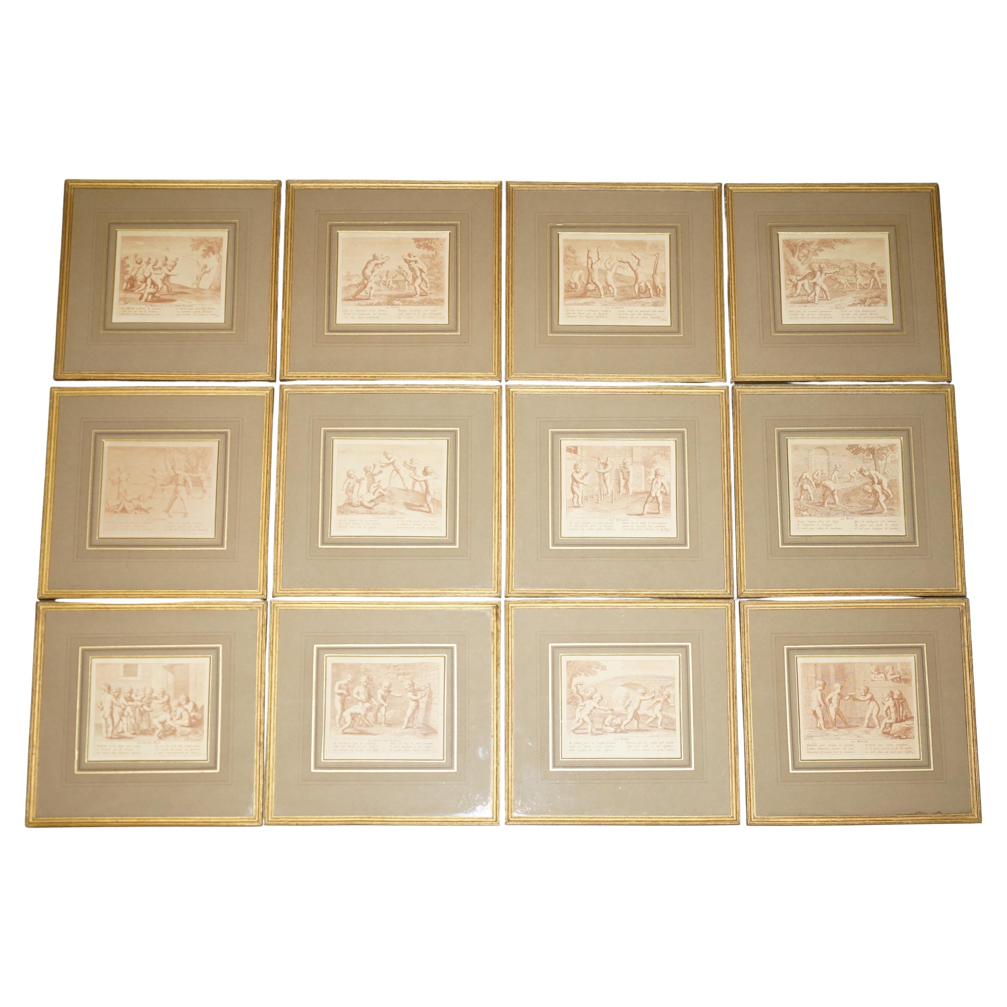1750 ENSEMBLE DE 12 GRAVURES EN PLAQUE DE CUIVRE DE SEPIA D'AMORINI "CHERUBS AT PLAY" (jeu de chérubins) en vente