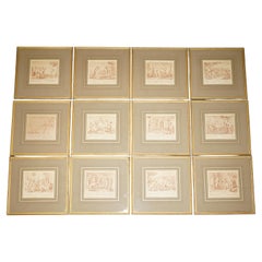 1750 SUITE OF 12 COPPER PLATE ENGRAViNGS OF SEPIA OF AMORINI "CHERUBS AT PLAY"