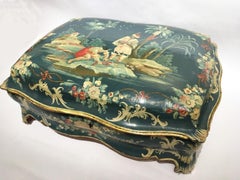 1750 Venezia Italy Blue Lacquered Wooden Box with Flowers and Figures