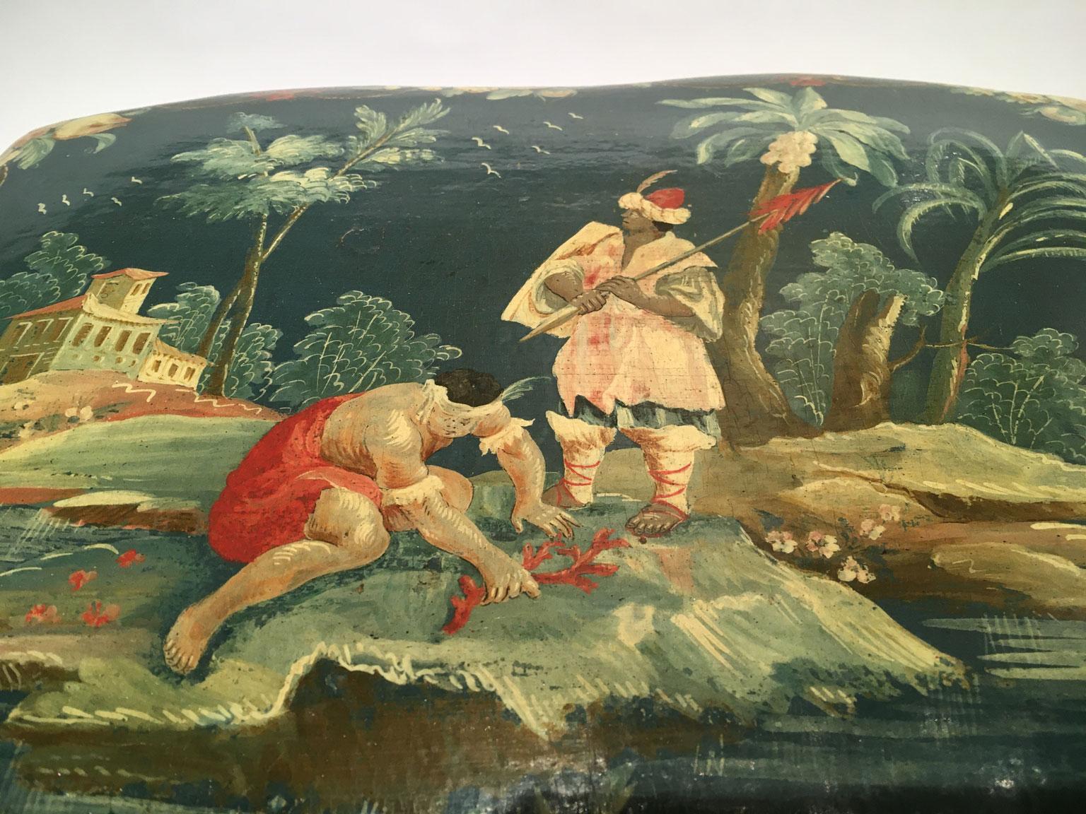 1750 Venezia Italia Caja de madera lacada azul con flores y figuras Rococó en venta