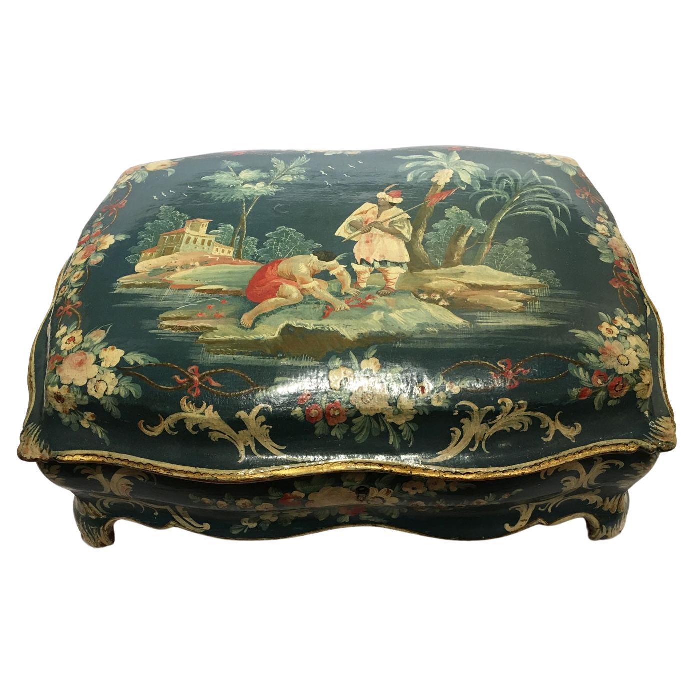 1750 Venise Italie Boîte en bois laqué bleu avec fleurs et personnages
