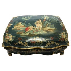 1750 Venezia Italy Blue Lacquered Wooden Box with Flowers and Figures