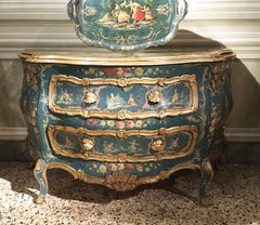 1750 Venezia Italy Blue and Green Lacquered Wooden Engraved Commode with Flowers