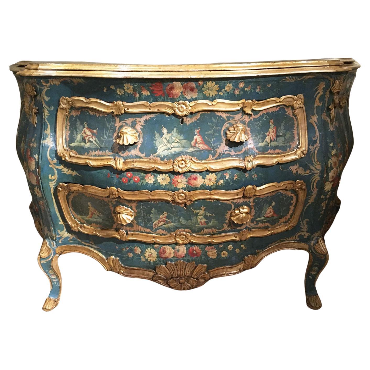 Commode de Venezia en bois laqué bleu et vert avec fleurs, Italie, 1750