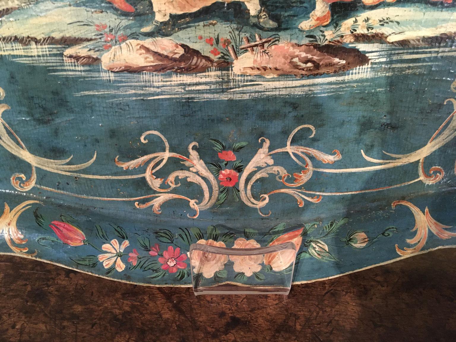 Venezia, Italie, laqué bleu 1750  Plateau en bois avec scènes rurales et fleurs en vente 5