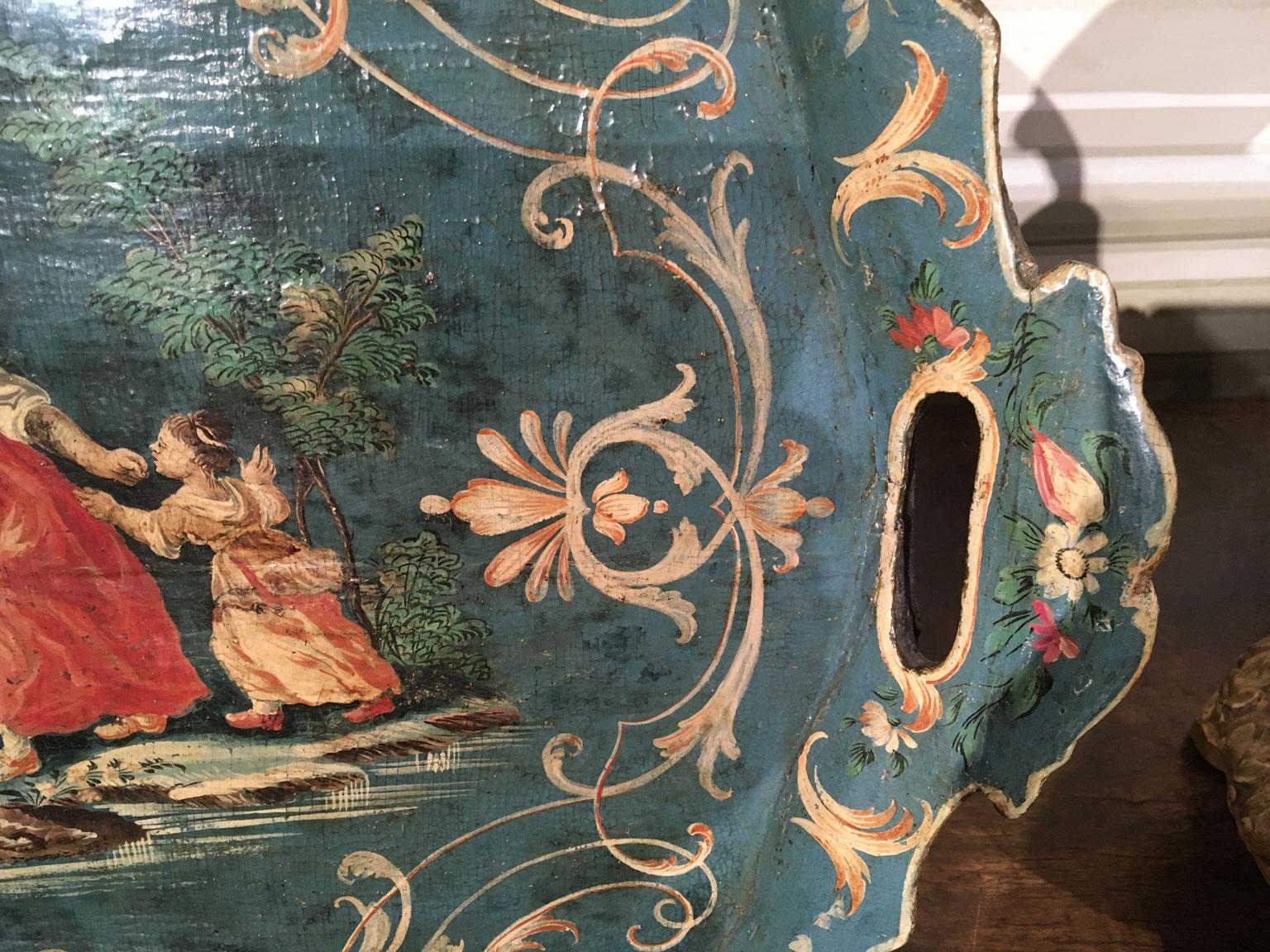 Venezia, Italie, laqué bleu 1750  Plateau en bois avec scènes rurales et fleurs en vente 6