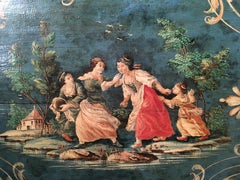 1750 Venezia Italy Blue Lacquered  Wooden Tray with Rural Scenes and Flowers