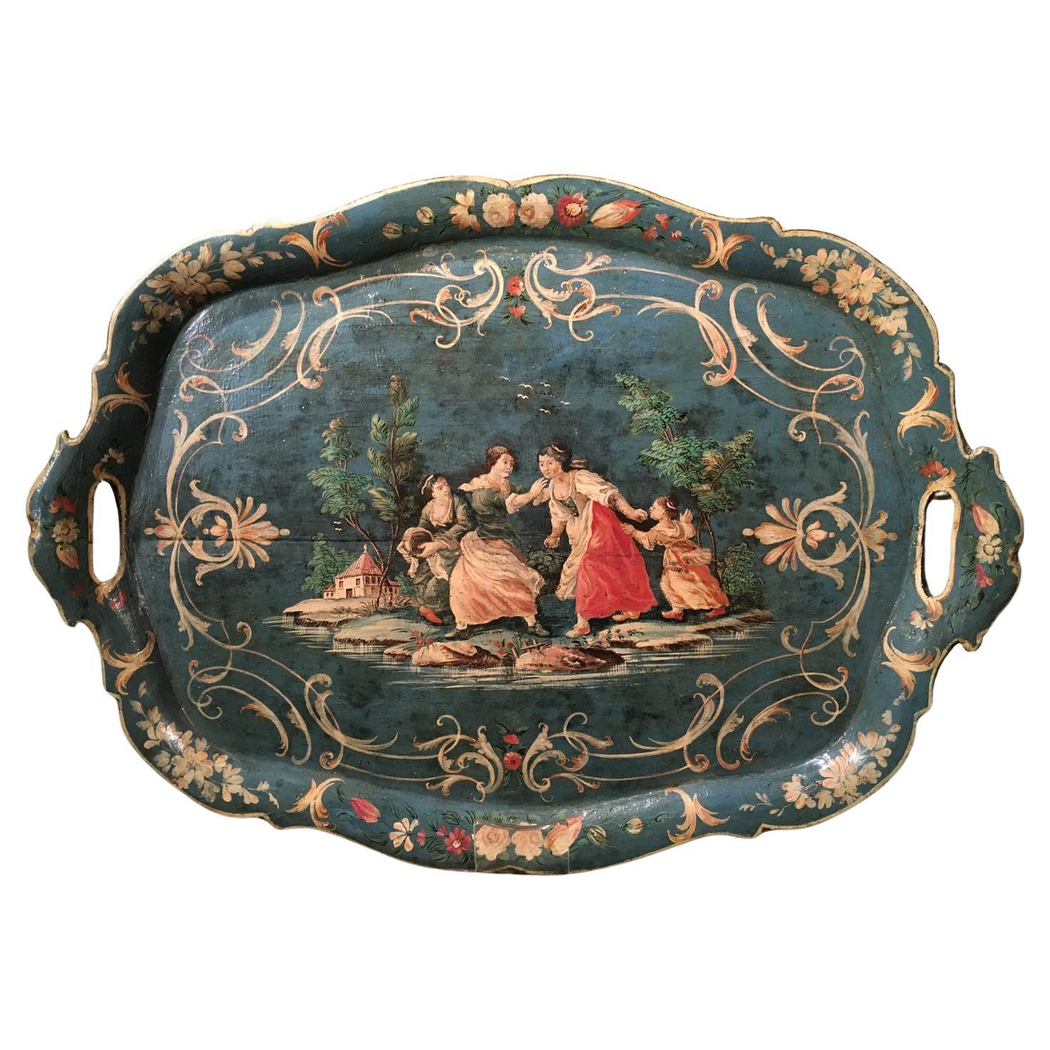 Venezia, Italie, laqué bleu 1750  Plateau en bois avec scènes rurales et fleurs en vente
